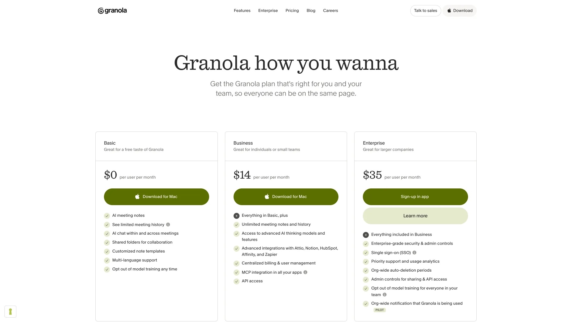 Granola pricing page with Basic at $0, Business at $14 and Enterprise at $35 per user per month