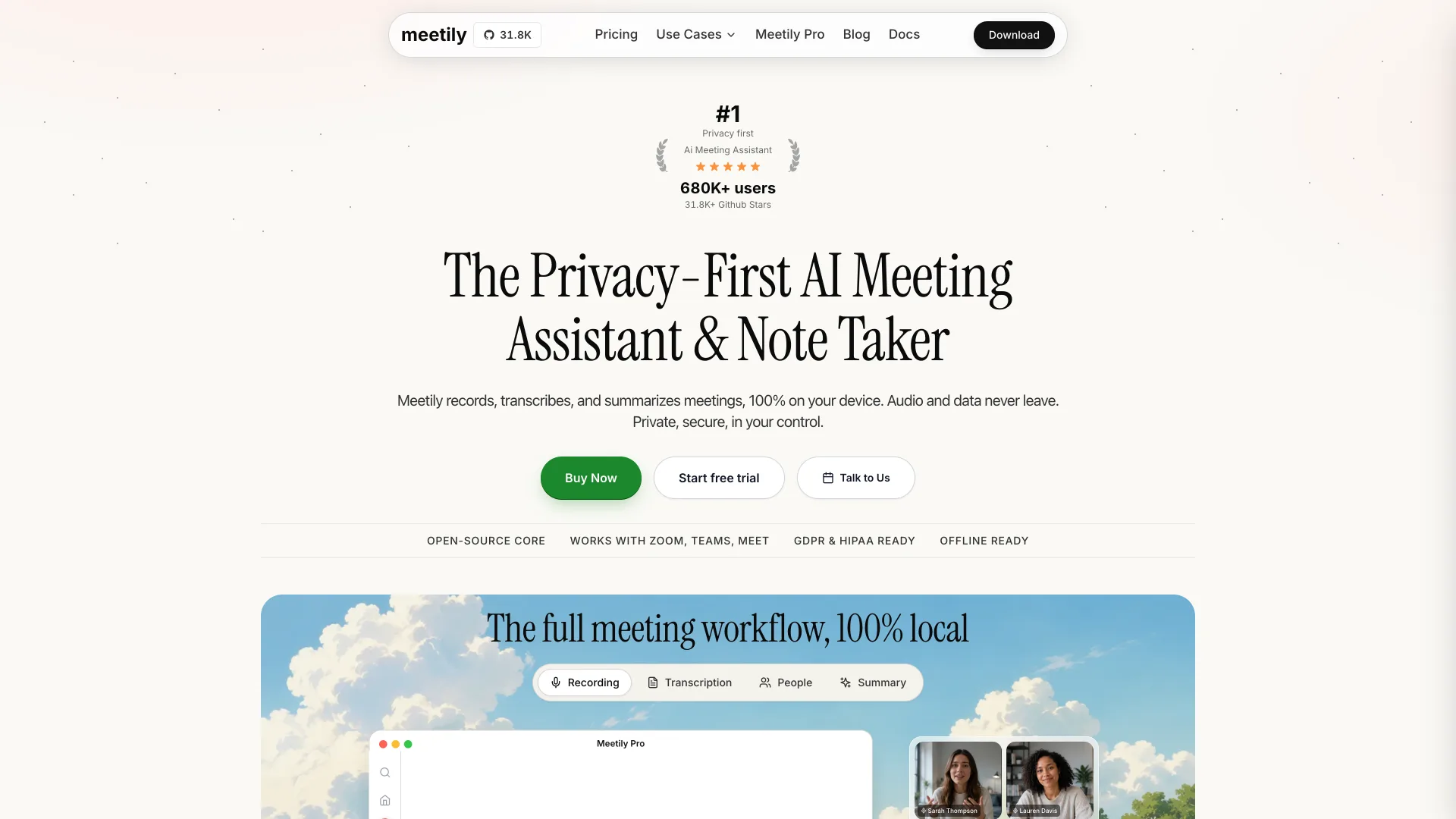 Meetily homepage headlined "The Privacy-First AI Meeting Assistant & Note Taker"