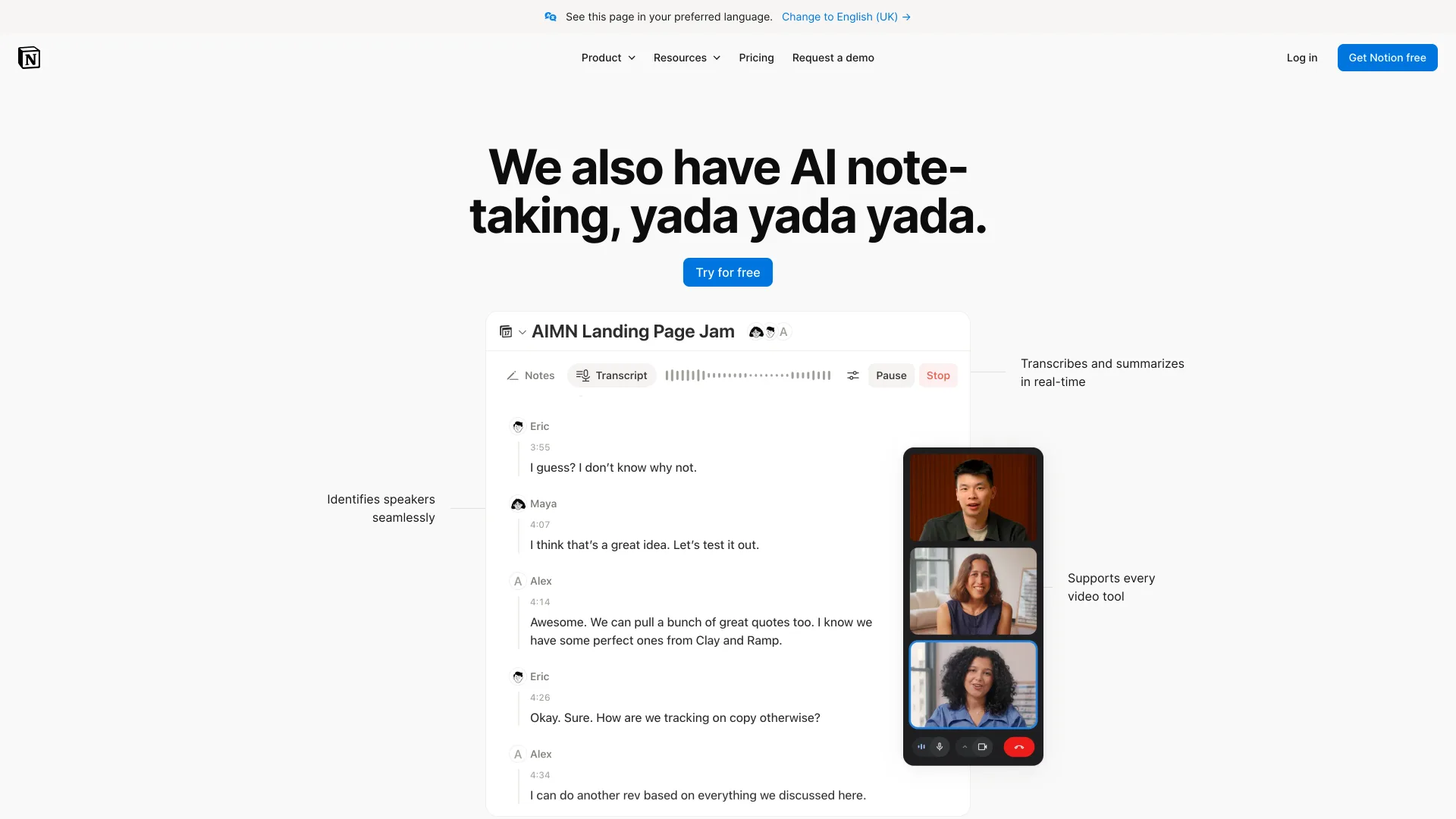 Notion AI Meeting Notes page headlined "We also have AI note-taking, yada yada yada." above a live transcript