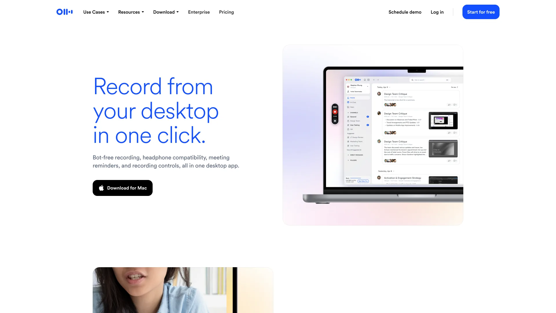 Otter.ai desktop app page headlined "Record from your desktop in one click"