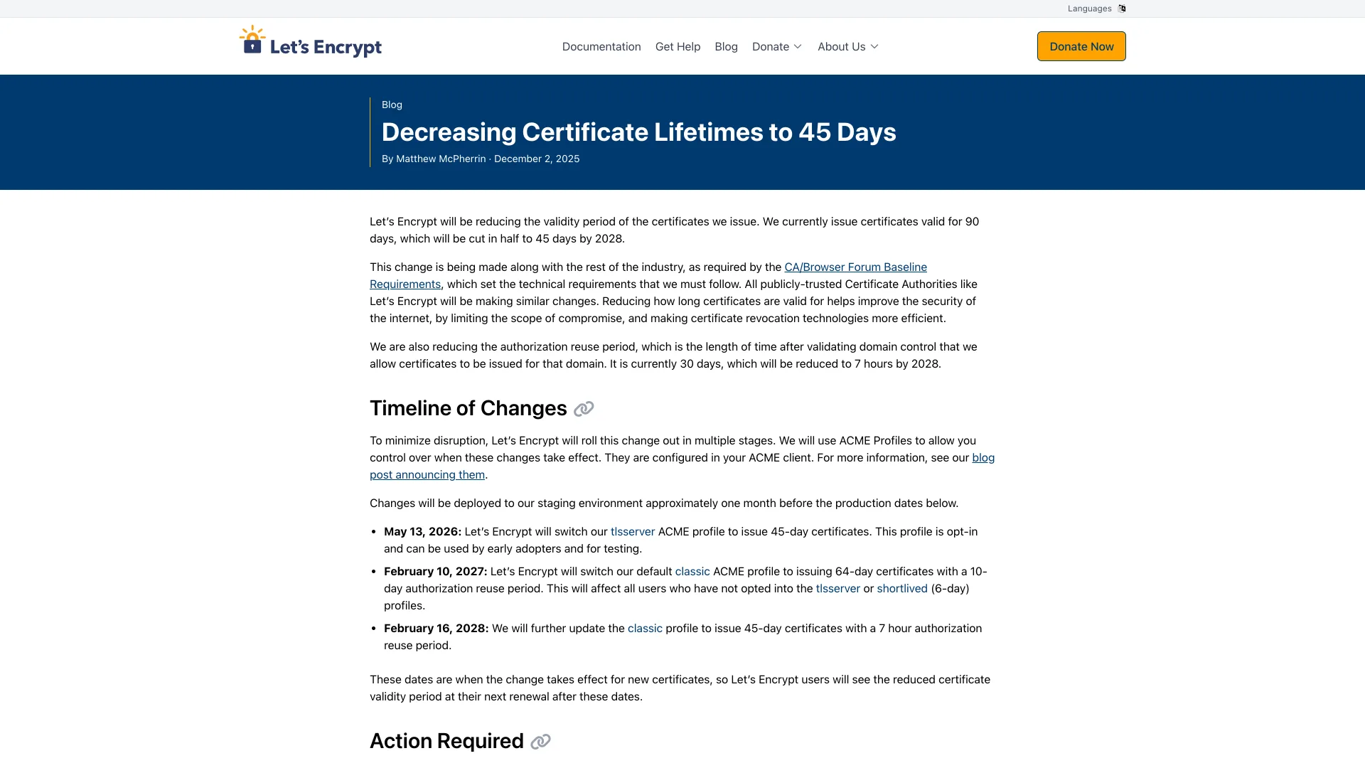 Let's Encrypt blog post Decreasing Certificate Lifetimes to 45 Days, dated December 2, 2025, listing the May 13, 2026, February 10, 2027 and February 16, 2028 changes to its ACME profiles