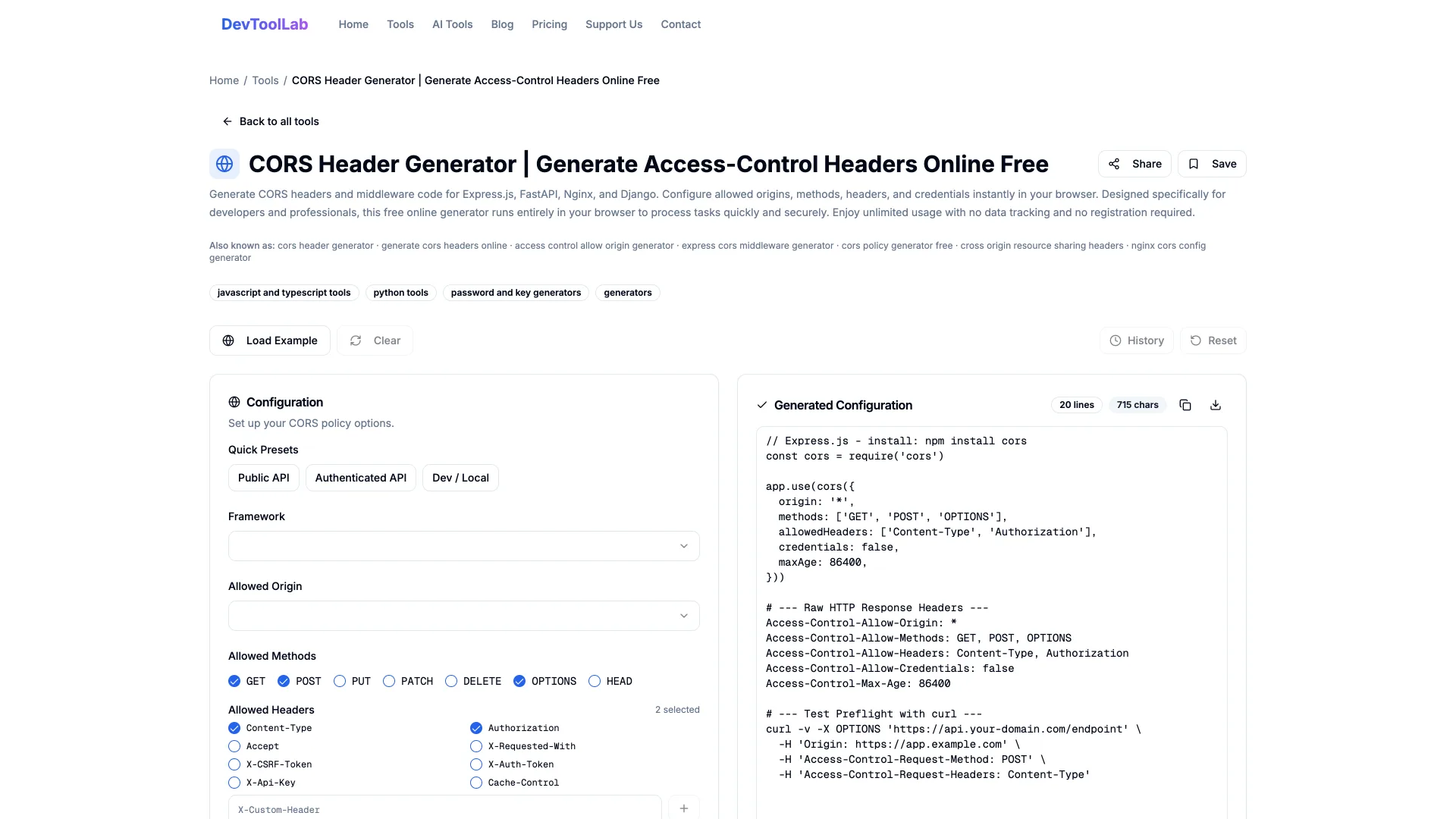 The DevToolLab CORS Header Generator with its Configuration panel on the left and generated Express.js cors middleware, raw Access-Control response headers and a curl preflight command on the right
