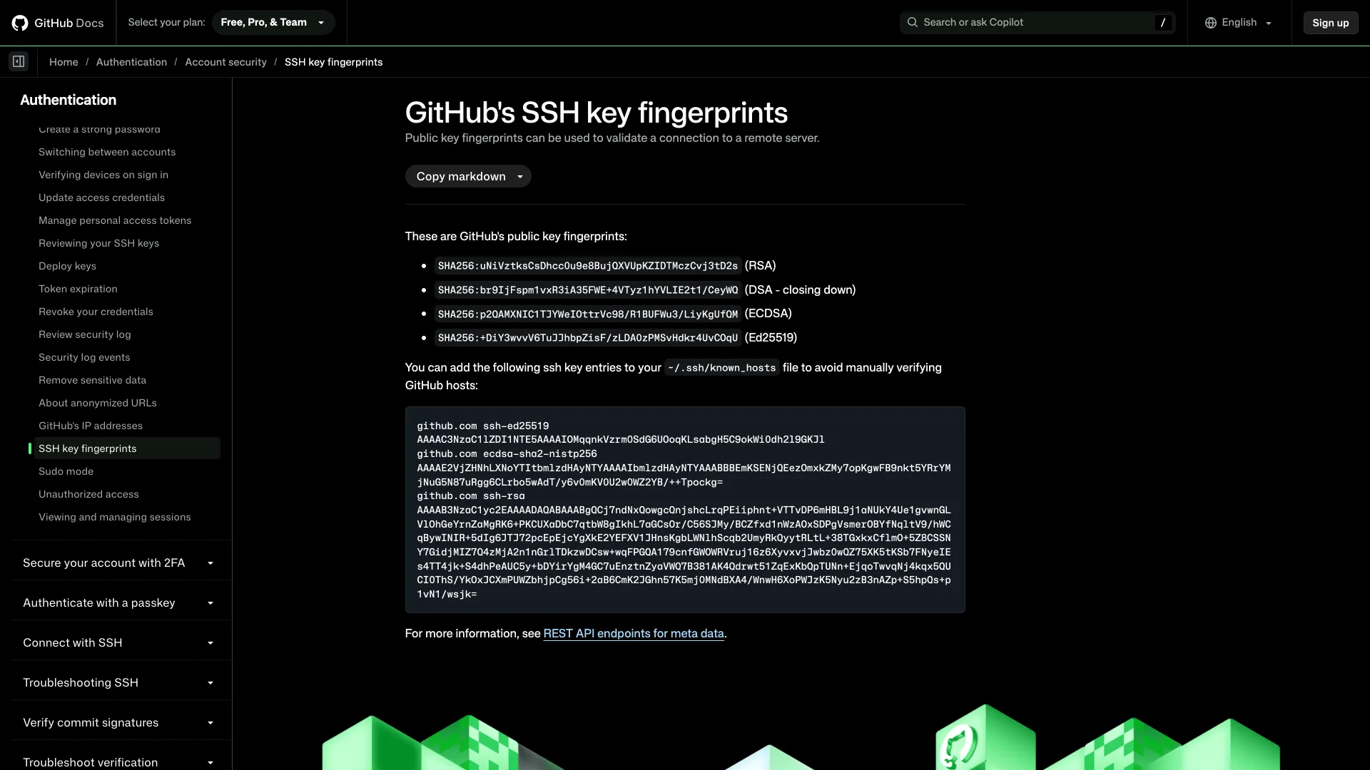 GitHub Docs page titled GitHub's SSH key fingerprints, listing the RSA, DSA, ECDSA and Ed25519 SHA256 fingerprints and the known_hosts entries for github.com