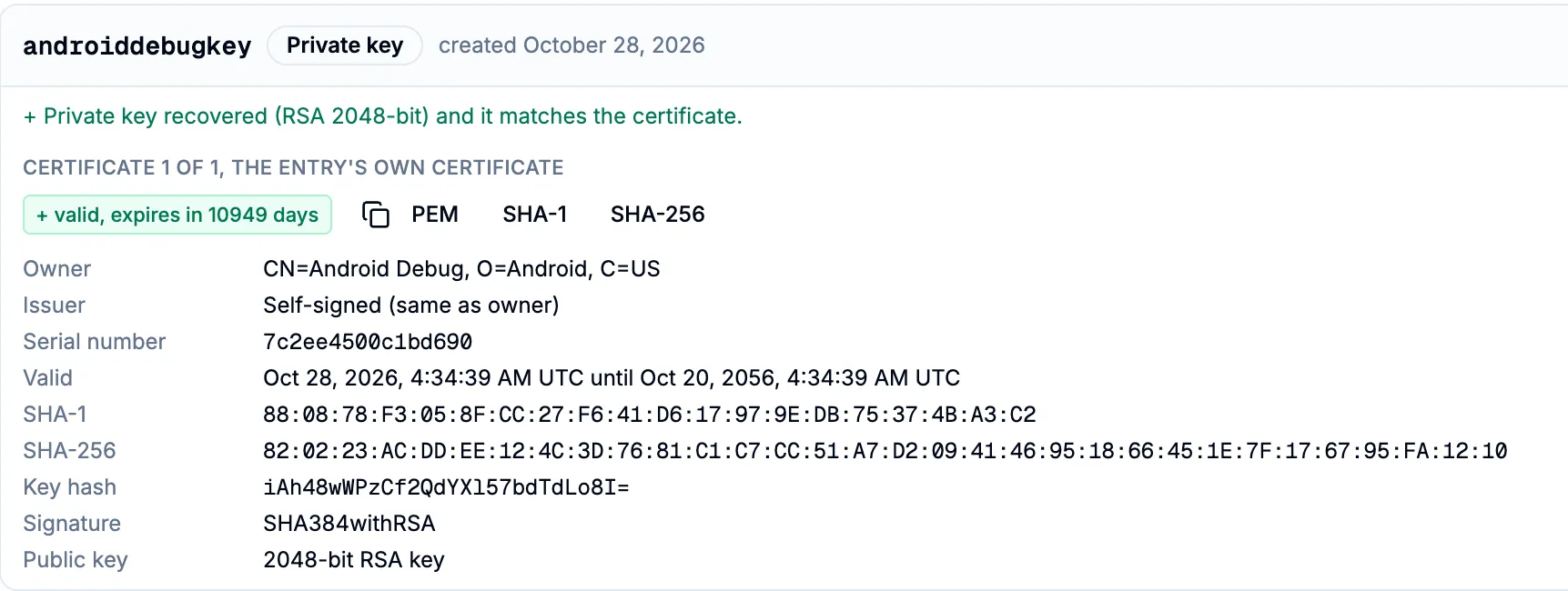 The DevToolLab JKS Viewer showing a debug keystore's androiddebugkey entry with its SHA-1 and SHA-256 fingerprints and key hash