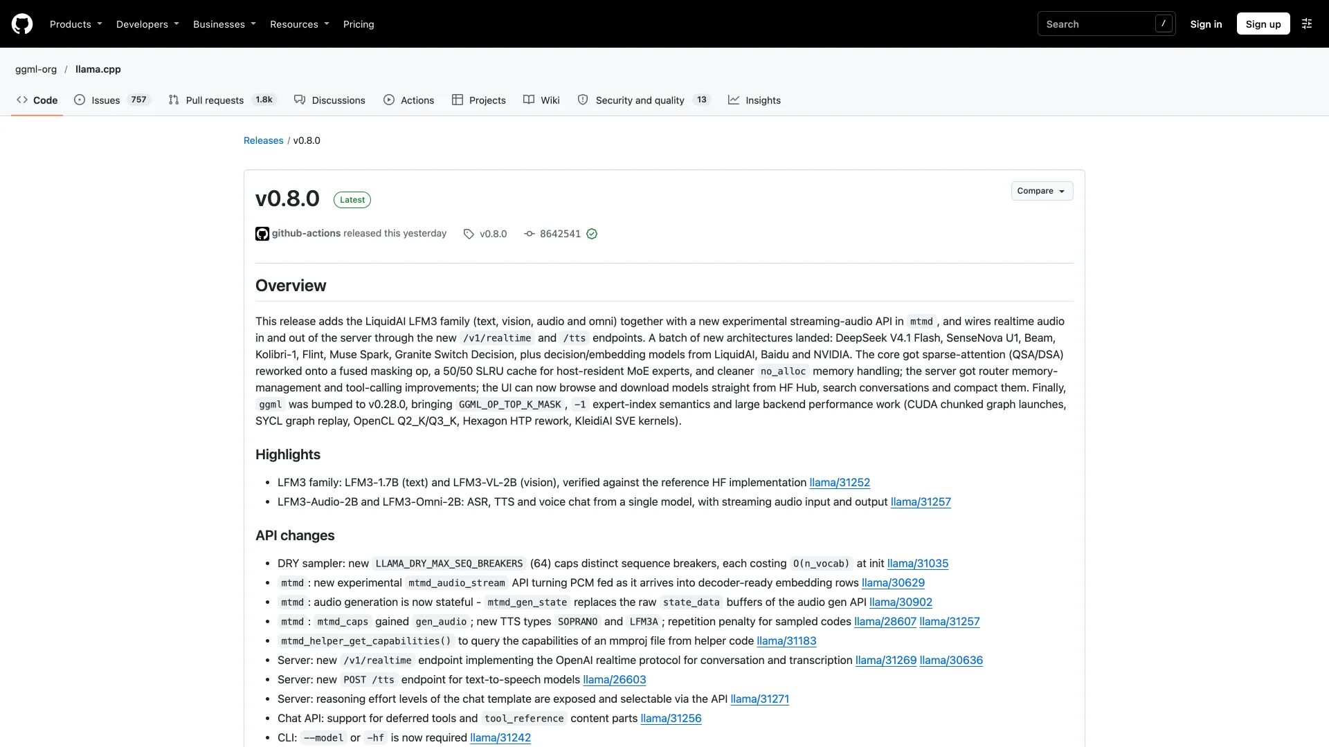 GitHub release page for llama.cpp v0.8.0, marked Latest, with its release notes