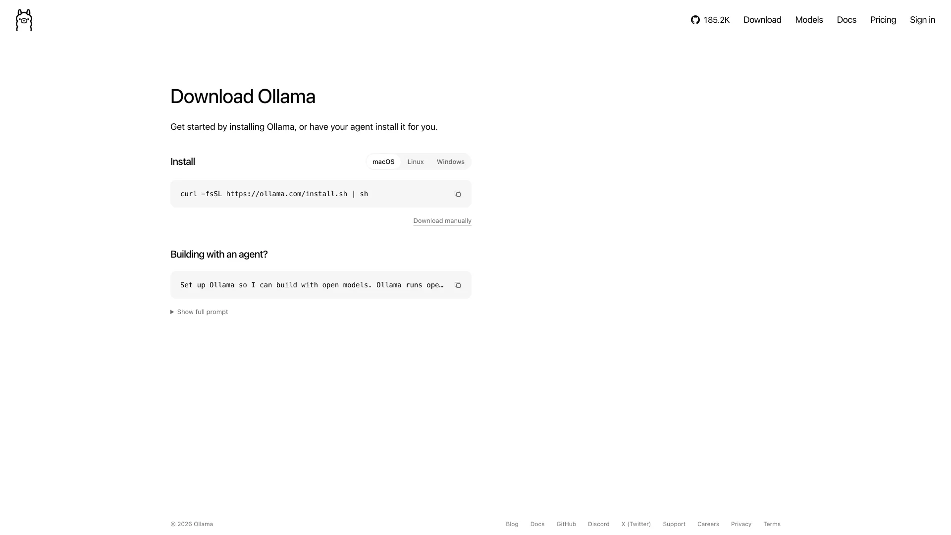 Ollama download page with the macOS tab open, showing the curl -fsSL https://ollama.com/install.sh | sh install command