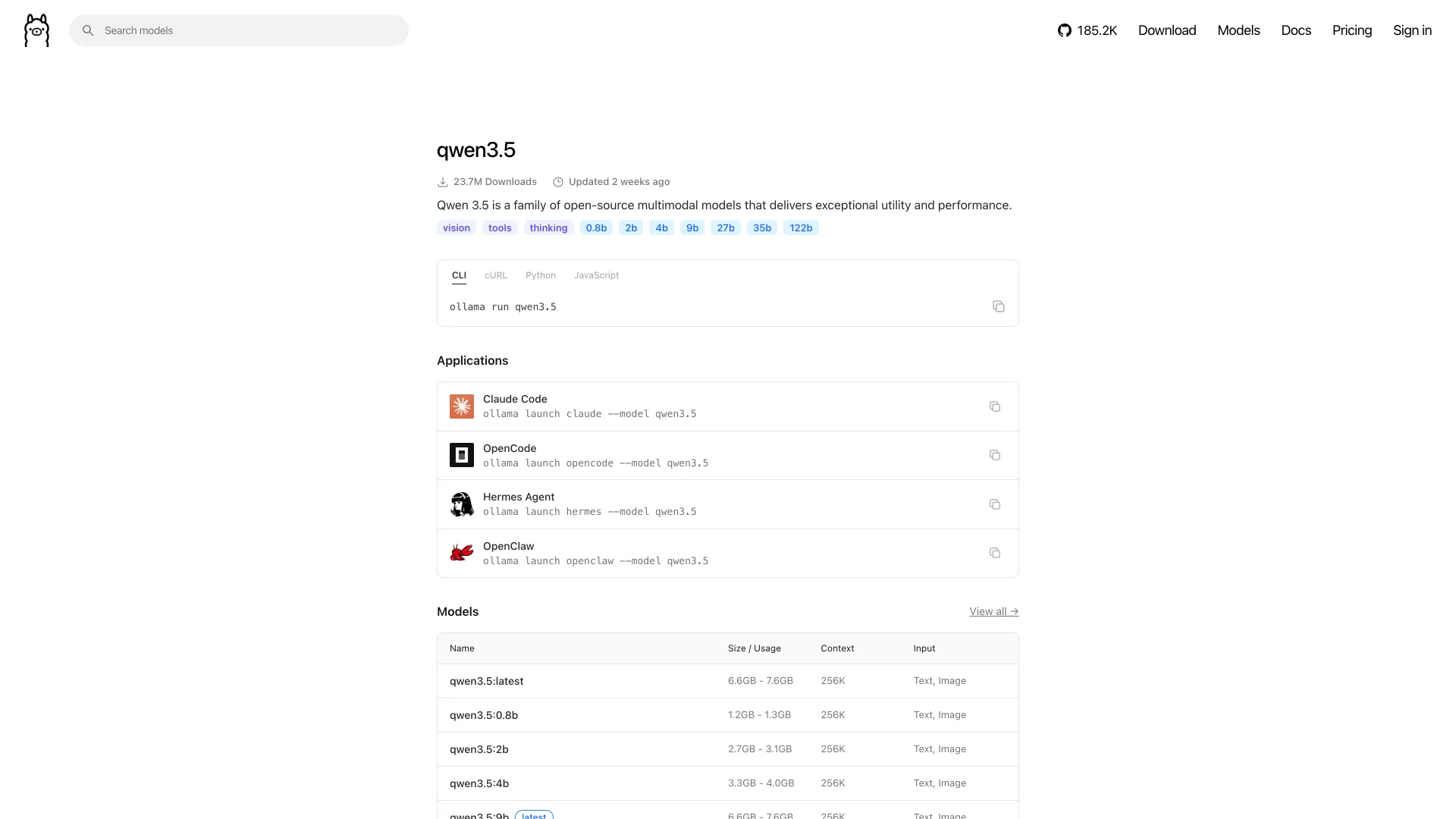 Ollama library page for qwen3.5 with the ollama run qwen3.5 command and a 6.6GB to 7.6GB size for the latest tag