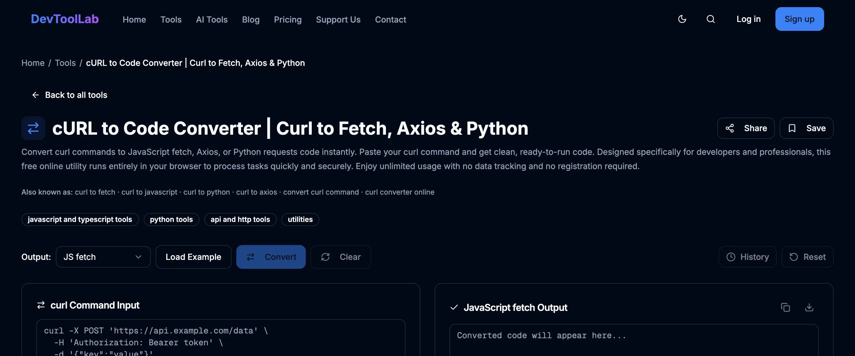 The DevToolLab cURL to Code Converter tool page with a sample curl POST command containing an Authorization header and a JSON body in the input pane, and an empty JavaScript fetch output pane on the right