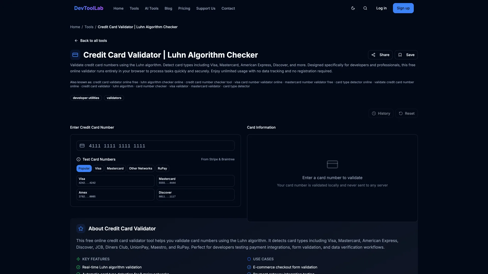 The DevToolLab Credit Card Validator page with a card number field, one-click test numbers for Visa, Mastercard, Amex and Discover, and an empty Card Information panel