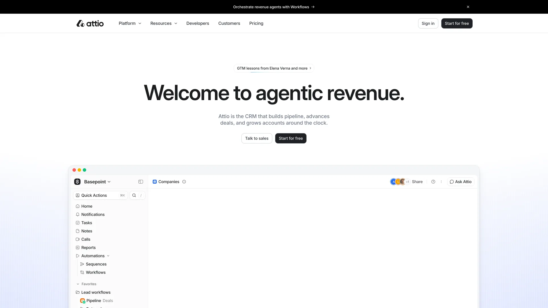 Attio's homepage headline "Welcome to agentic revenue." with Talk to sales and Start for free buttons above a product window showing the Companies list