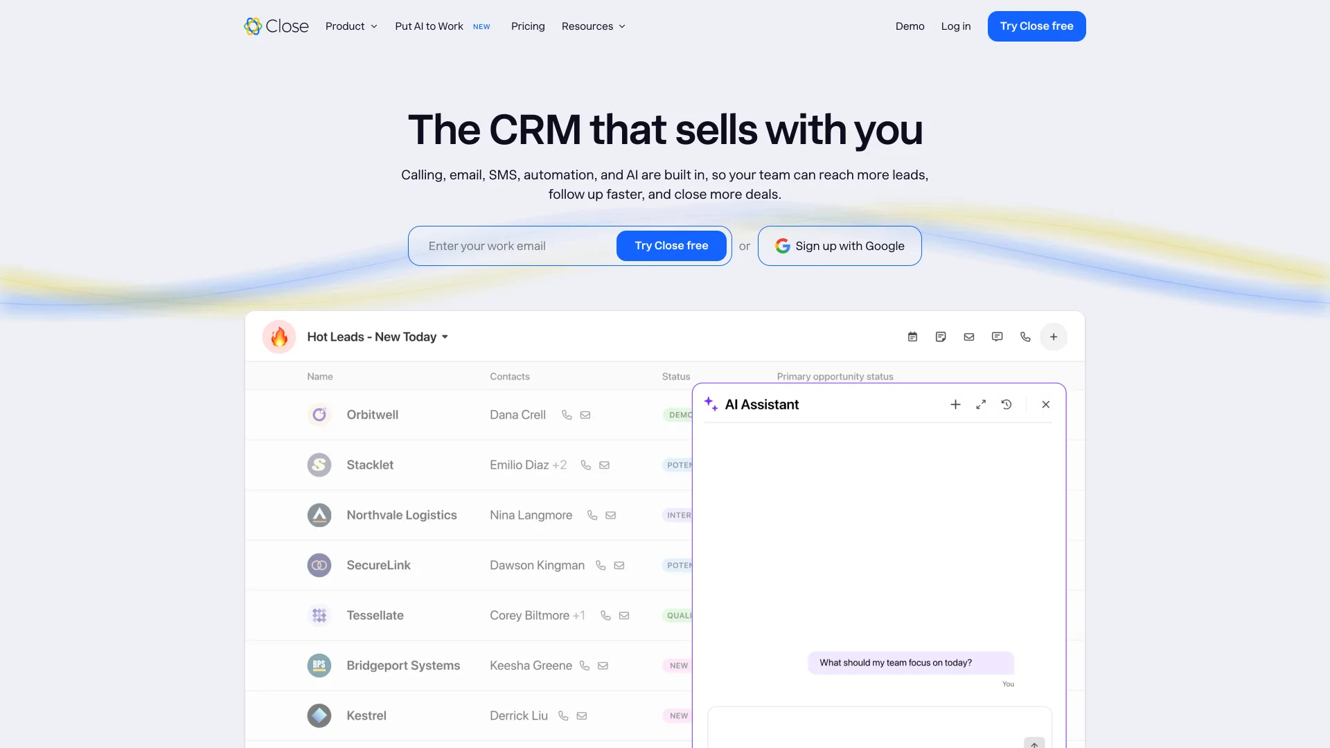 Close's homepage headline "The CRM that sells with you" with a work email field and Try Close free button above a Hot Leads list and an AI Assistant panel