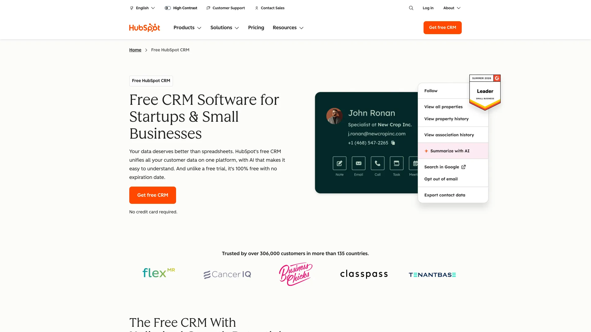 HubSpot's Free CRM page headed "Free CRM Software for Startups & Small Businesses" with a Get free CRM button, a contact card preview and a Summer 2026 G2 Leader badge