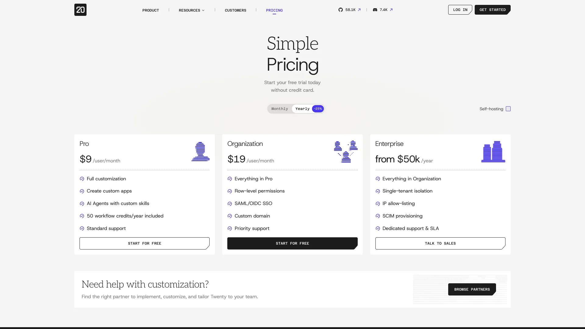 Twenty's pricing page with yearly billing: Pro $9, Organization $19 per user per month and Enterprise from $50k a year, plus a Self-hosting checkbox