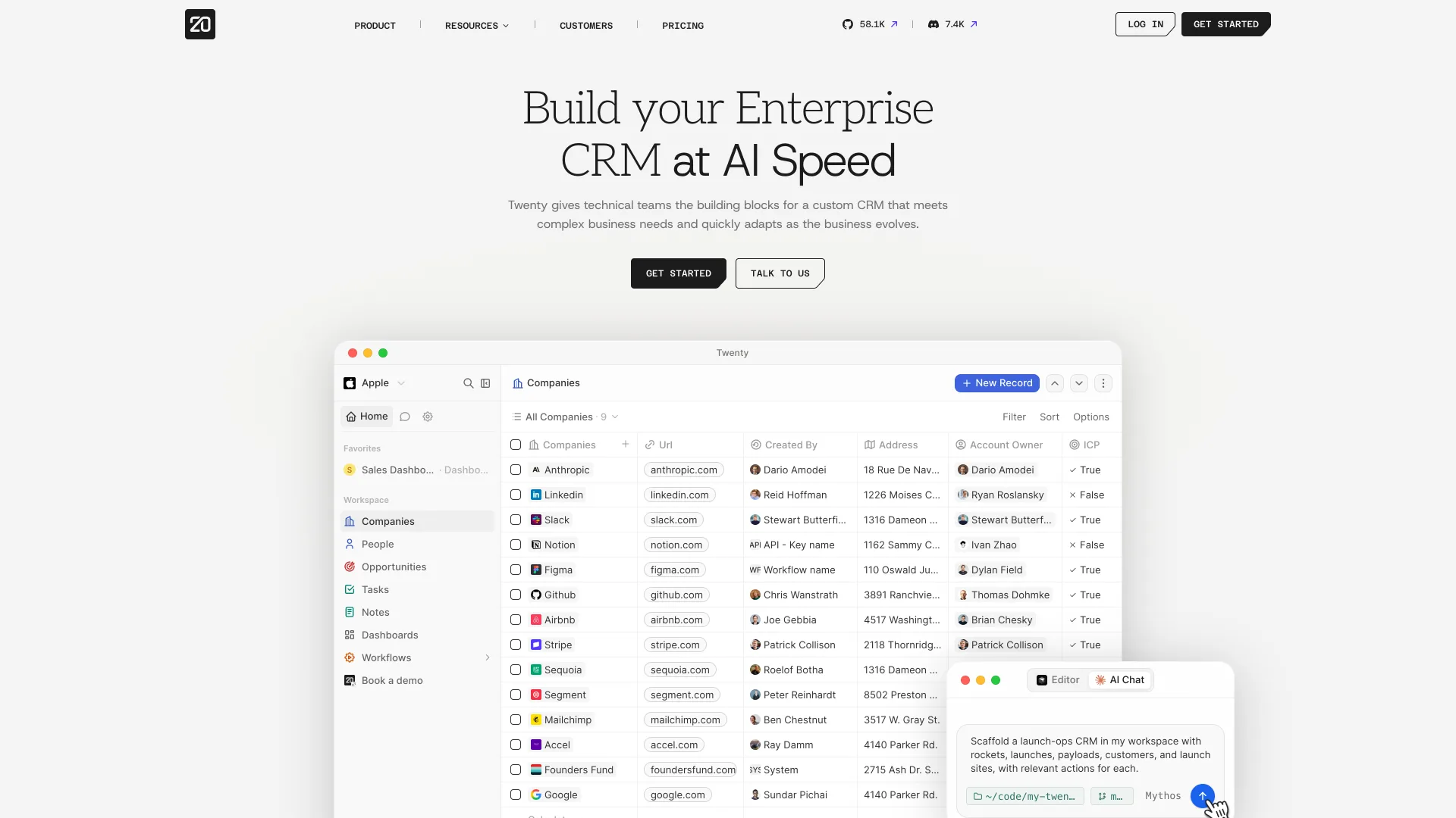 Twenty's homepage headline "Build your Enterprise CRM at AI Speed" with Get started and Talk to us buttons, a GitHub star count of 58.1K and a Companies table preview