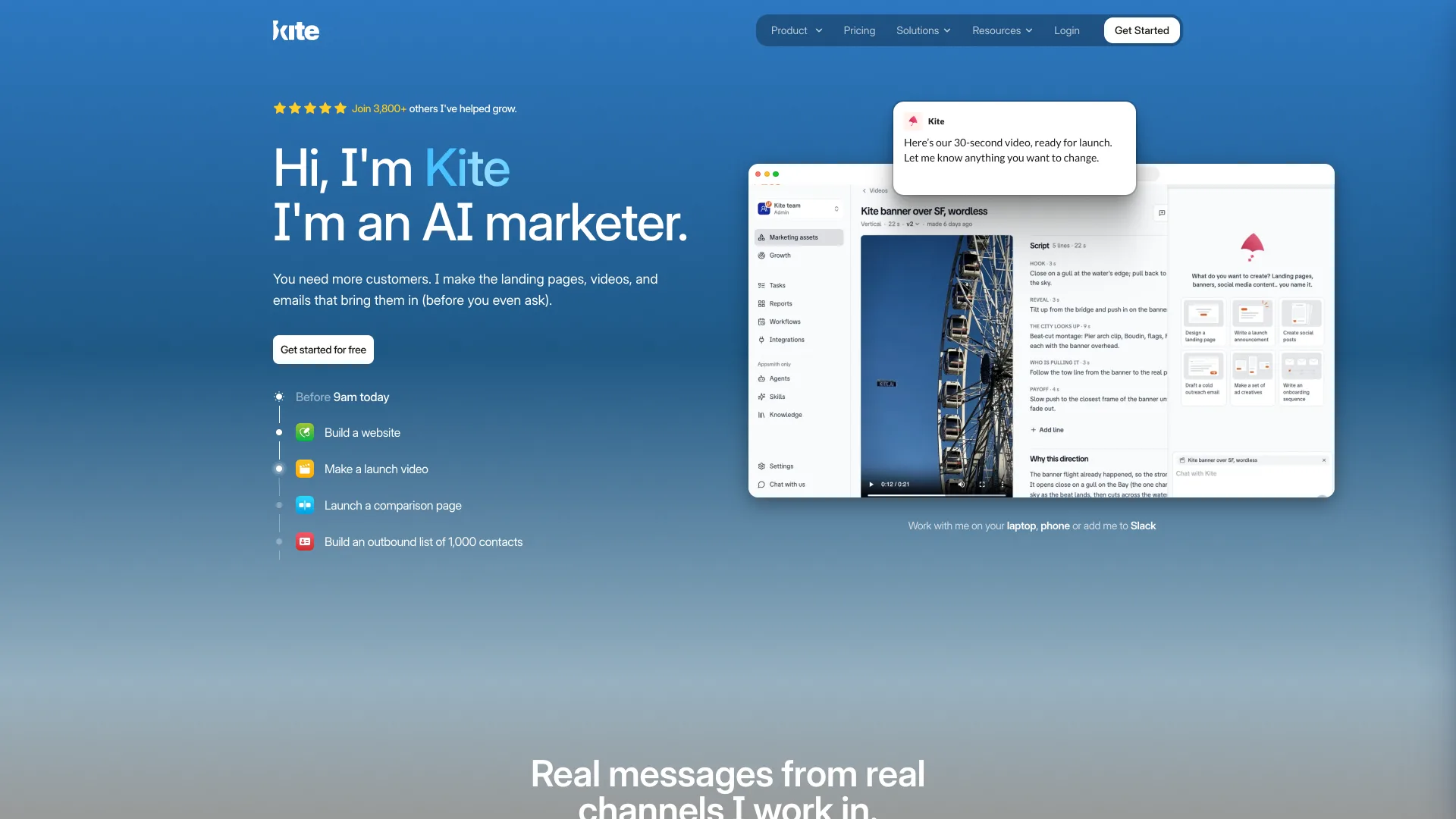 The Kite homepage introducing Kite as an AI marketer, with a Get started for free button, a task list from building a website to an outbound list of 1,000 contacts, a launch video waiting for feedback, and a note that Kite works on laptop, phone or in Slack