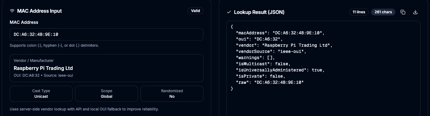 MAC Address Lookup with DC:A6:32:4B:9E:10 entered, showing vendor Raspberry Pi Trading Ltd, cast type Unicast, scope Global, randomized No, and the same result as JSON