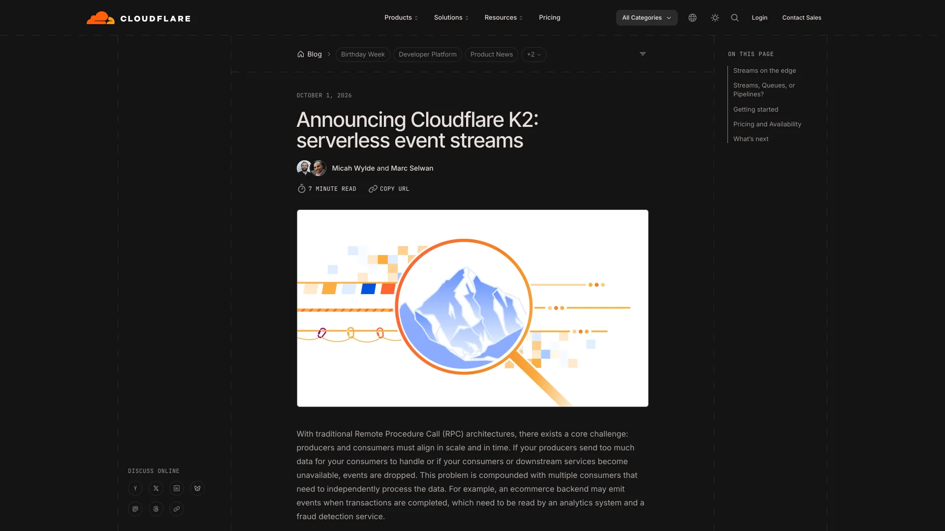 The Cloudflare blog post headed "Announcing Cloudflare K2: serverless event streams", dated October 1, 2026, above its header illustration.