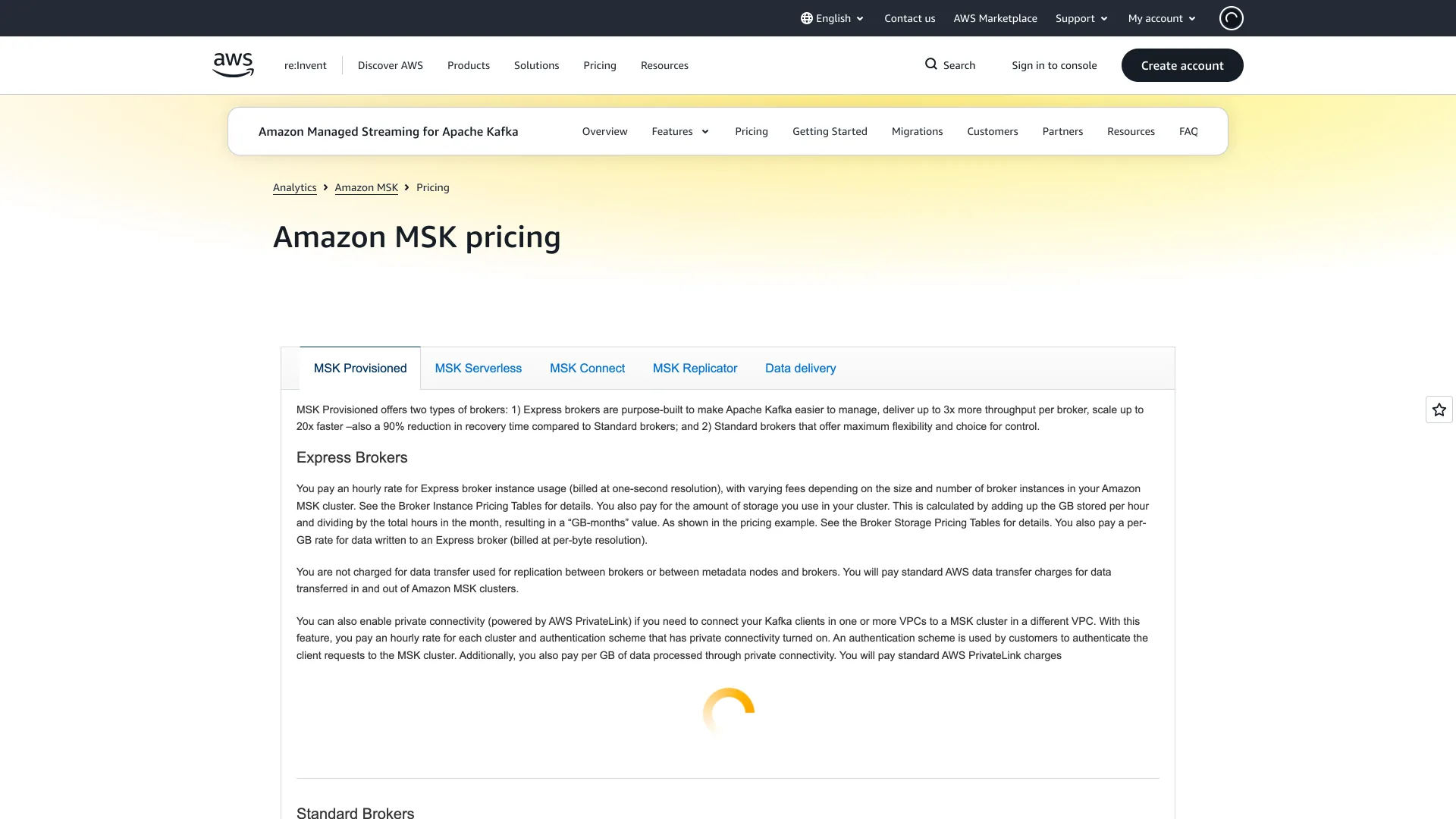 The Amazon MSK pricing page opened at its Express Brokers section, which describes hourly broker, storage and per-GB data-written charges.