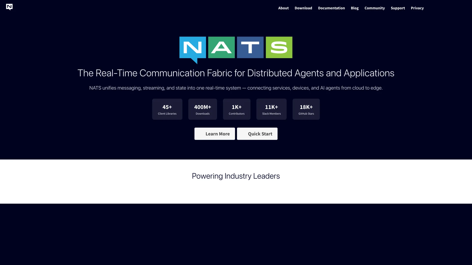 The NATS homepage headed "The Real-Time Communication Fabric for Distributed Agents and Applications" with counters for client libraries, downloads and GitHub stars.