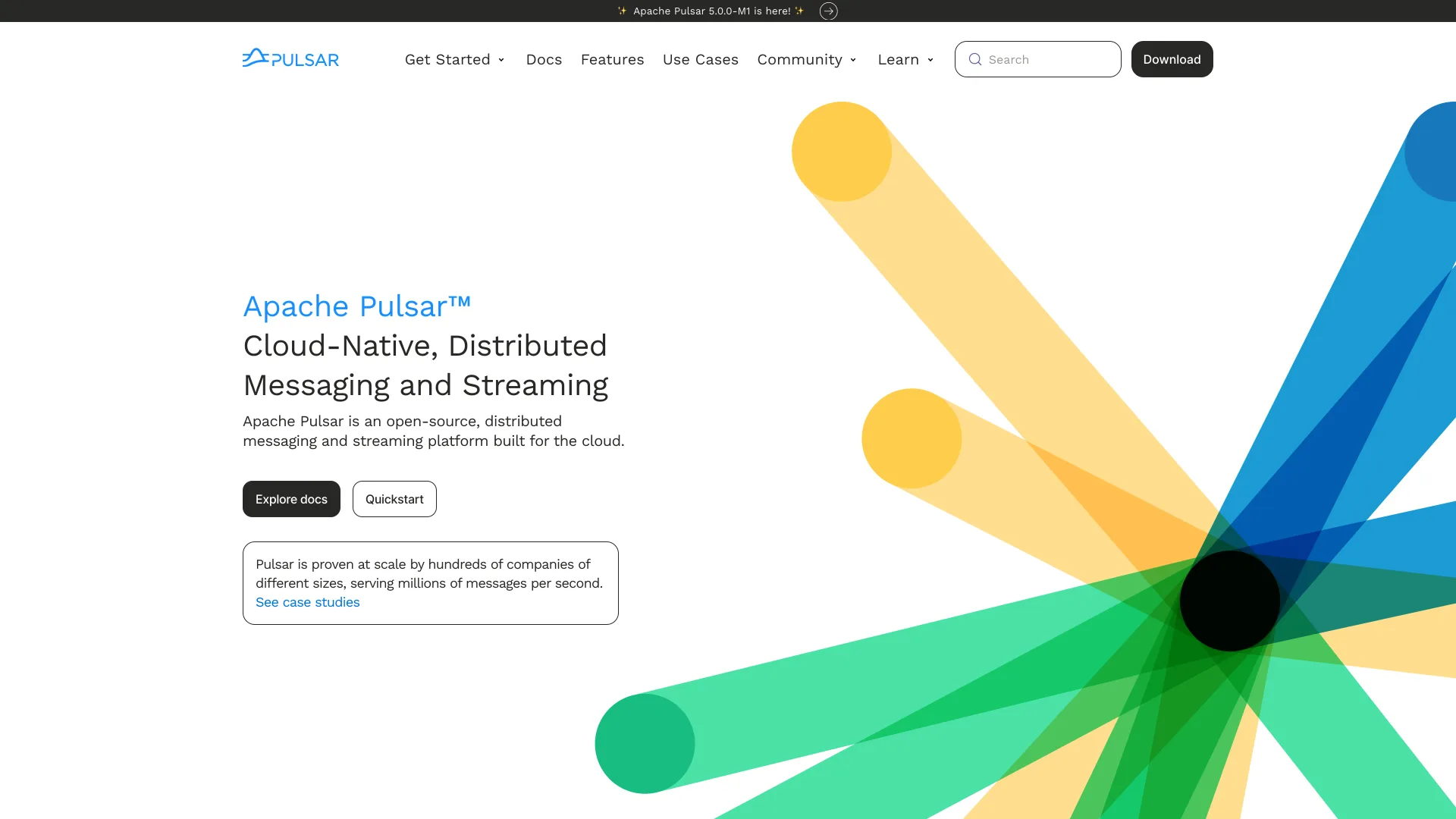 The Apache Pulsar homepage describing a "Cloud-Native, Distributed Messaging and Streaming" platform.