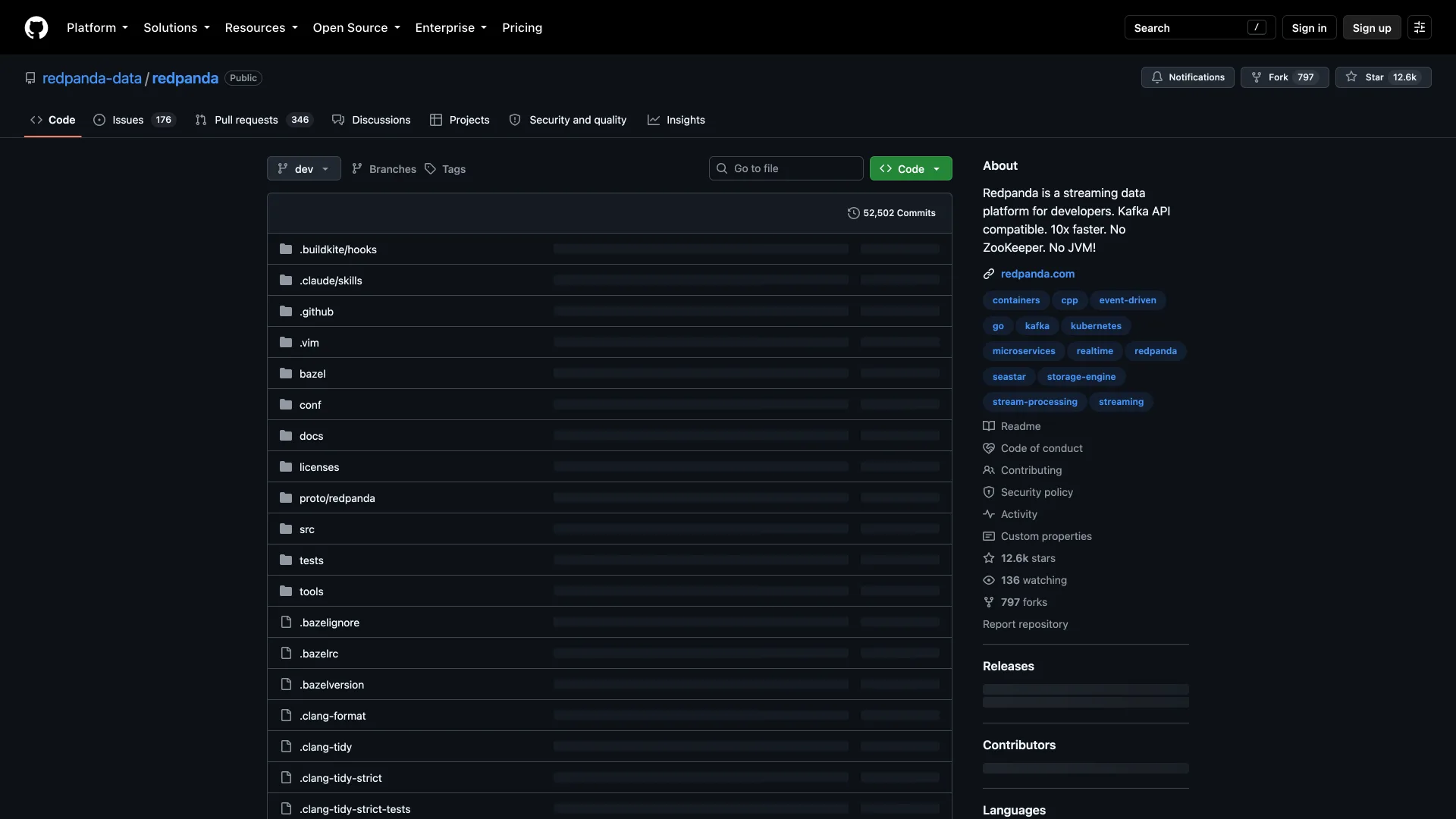 The redpanda-data/redpanda GitHub repository, with an About panel that begins "Redpanda is a streaming data" platform description.