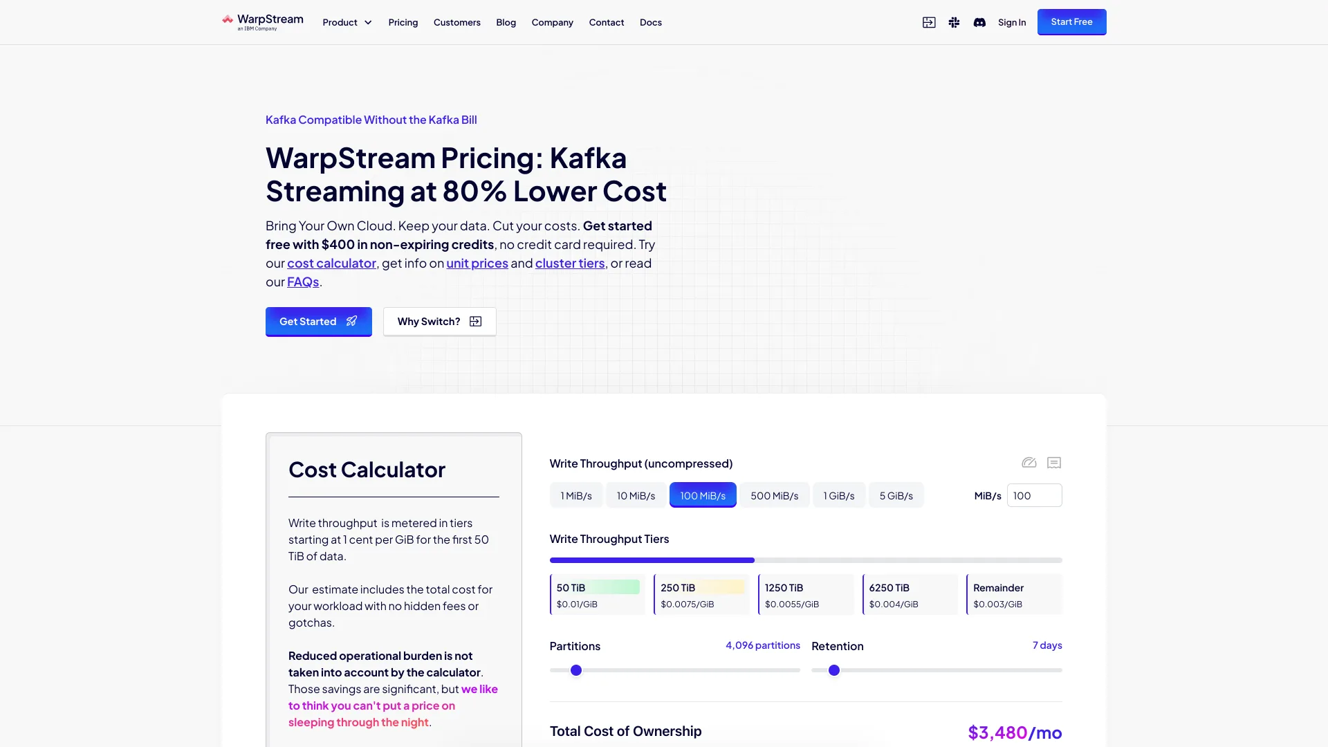 WarpStream's pricing page under a logo reading "an IBM Company", headed "WarpStream Pricing: Kafka Streaming at 80% Lower Cost" above a cost calculator with write tiers from $0.01/GiB.