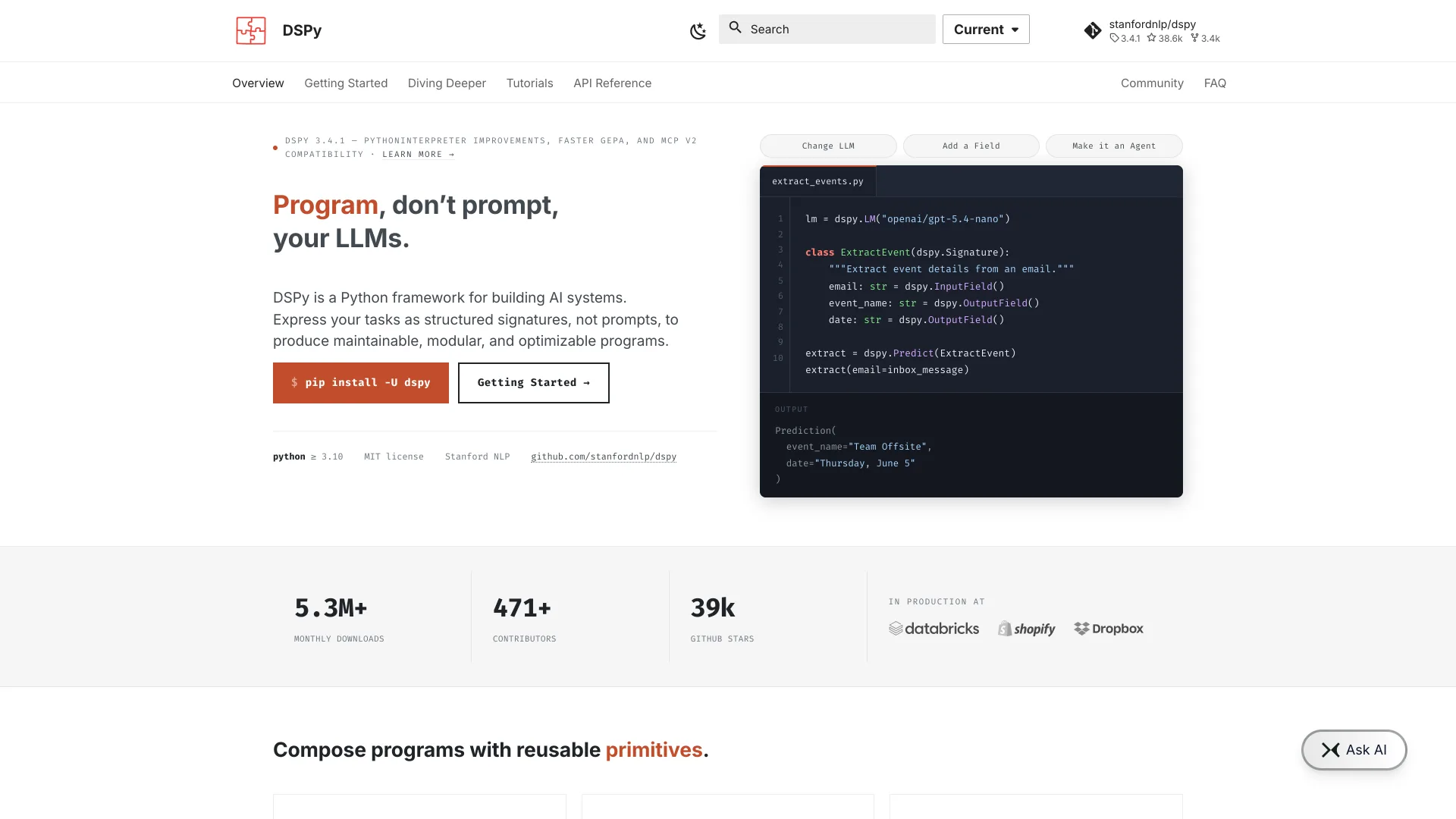DSPy documentation home reading "Program, don't prompt, your LLMs" with 5.3M+ monthly downloads and 39k GitHub stars