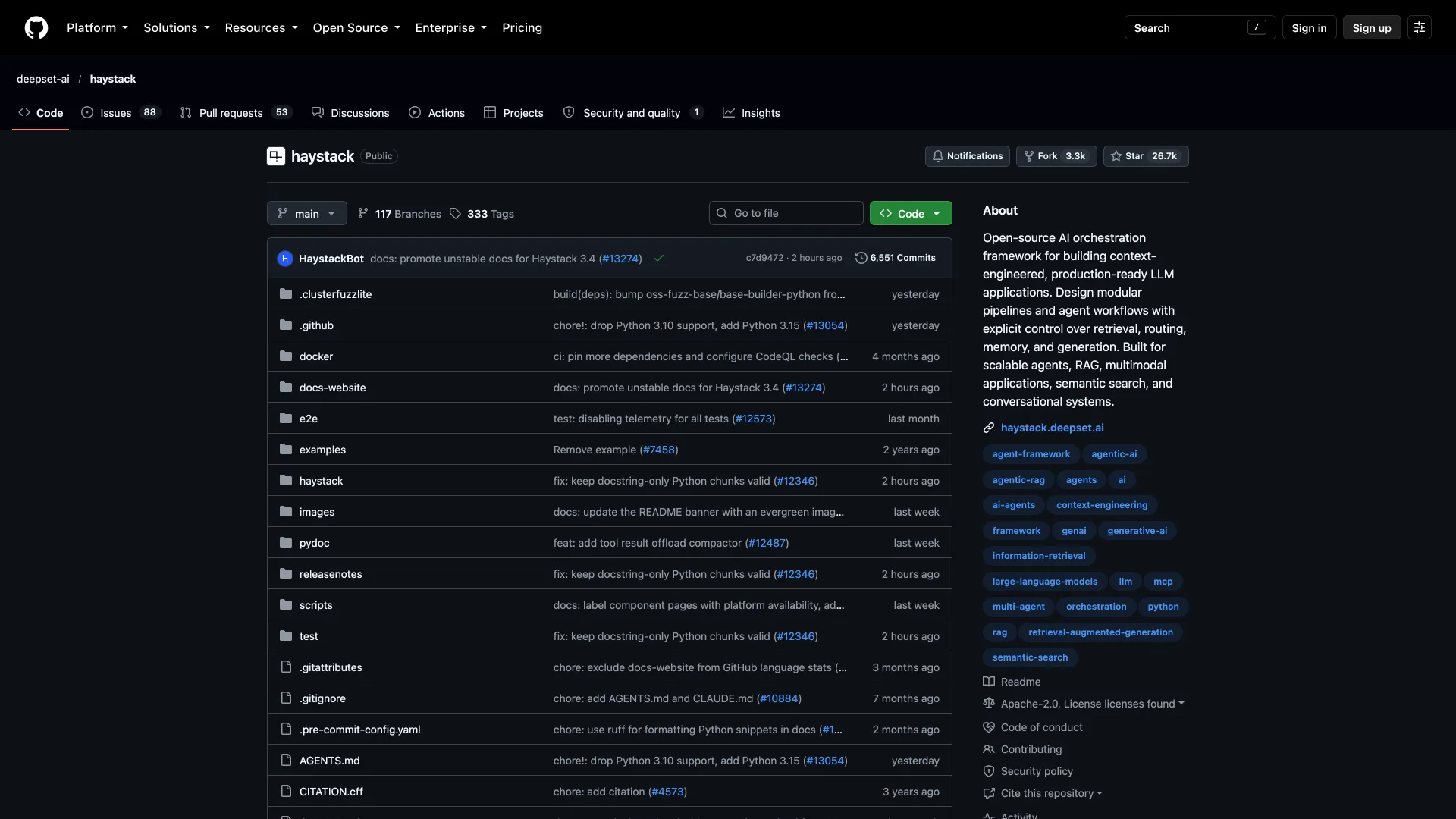 Haystack GitHub repository by deepset-ai with 26.7k stars and the Apache-2.0 license