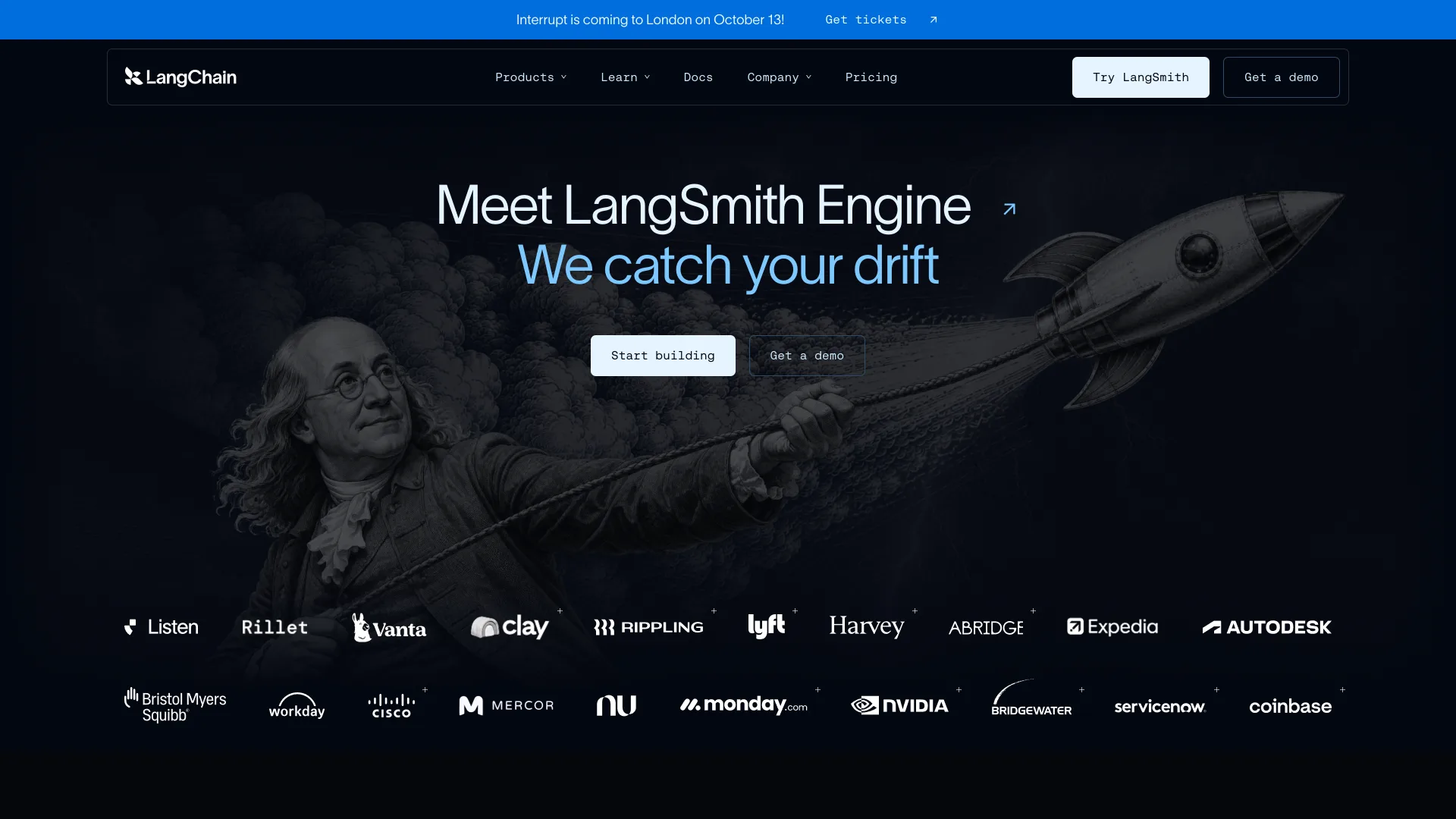 LangChain homepage headline "Meet LangSmith Engine, We catch your drift" above a row of customer logos