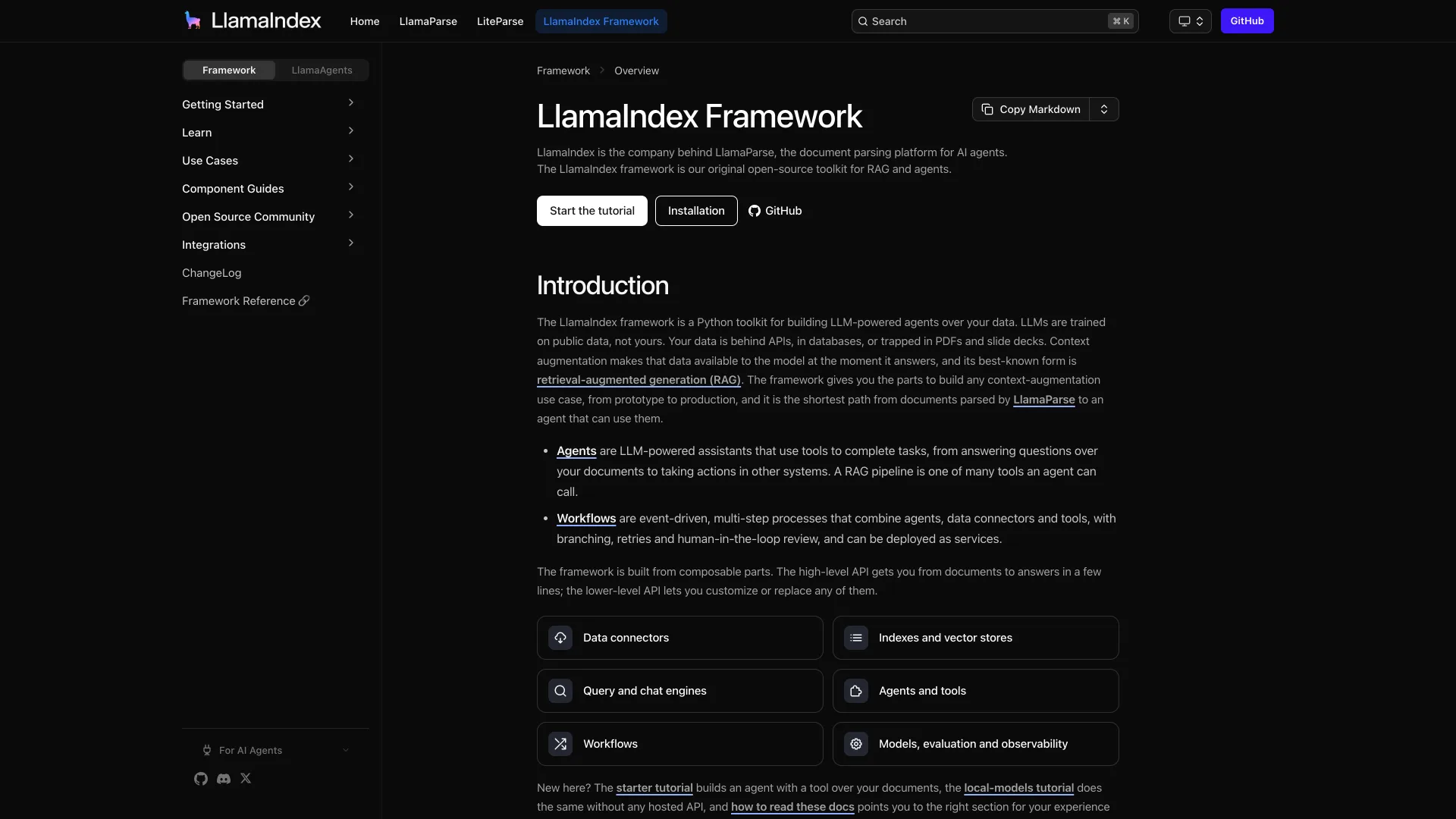 LlamaIndex Framework documentation overview with cards for data connectors, indexes, agents and workflows