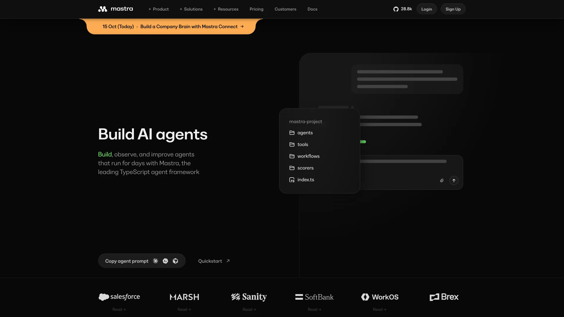 Mastra homepage headline "Build AI agents" beside a project folder listing agents, tools, workflows and scorers