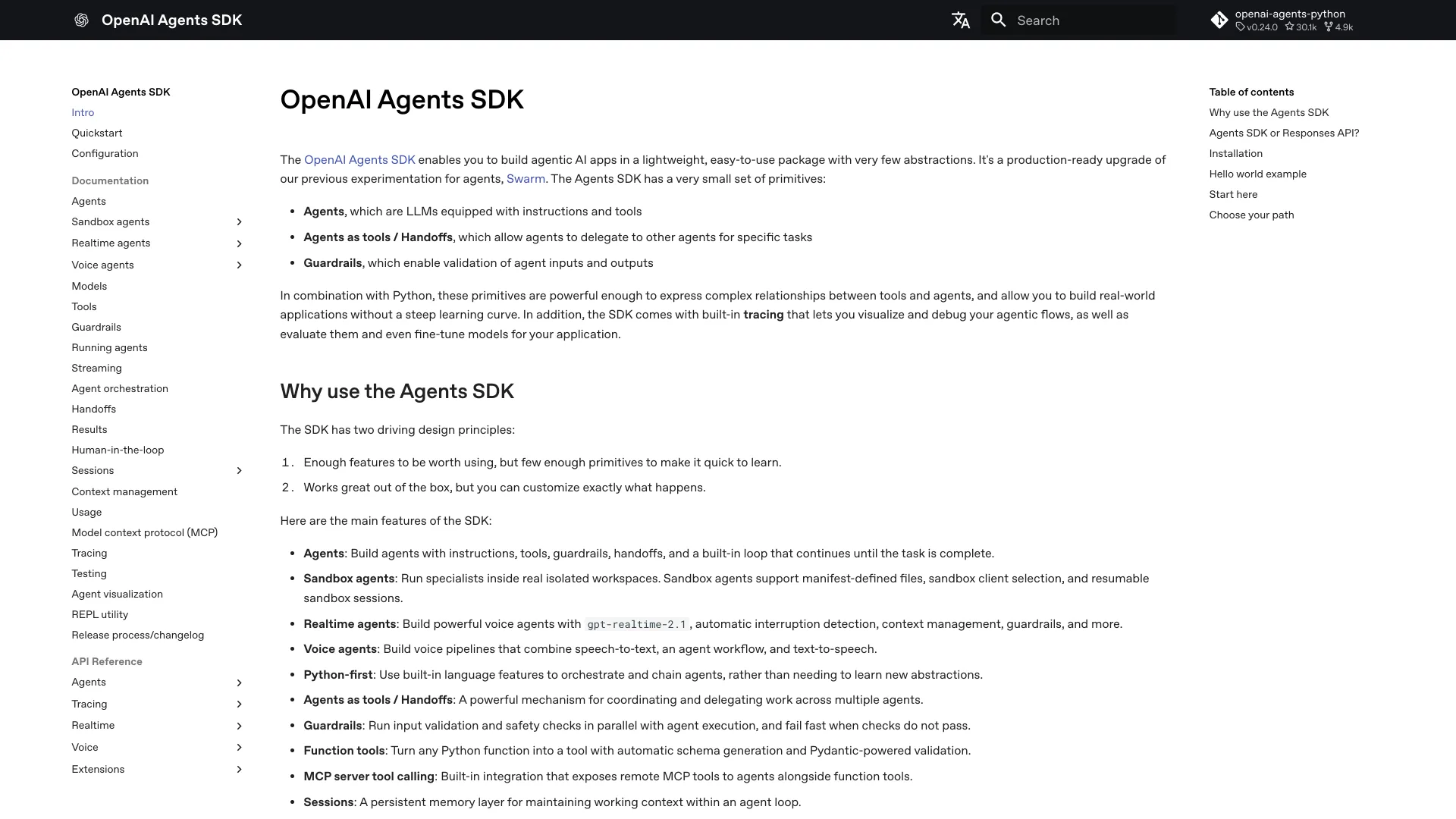 OpenAI Agents SDK documentation intro listing Agents, Handoffs and Guardrails as its primitives