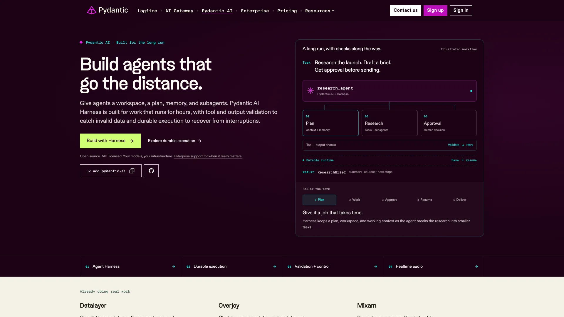 Pydantic AI page headline "Build agents that go the distance." with a uv add pydantic-ai command