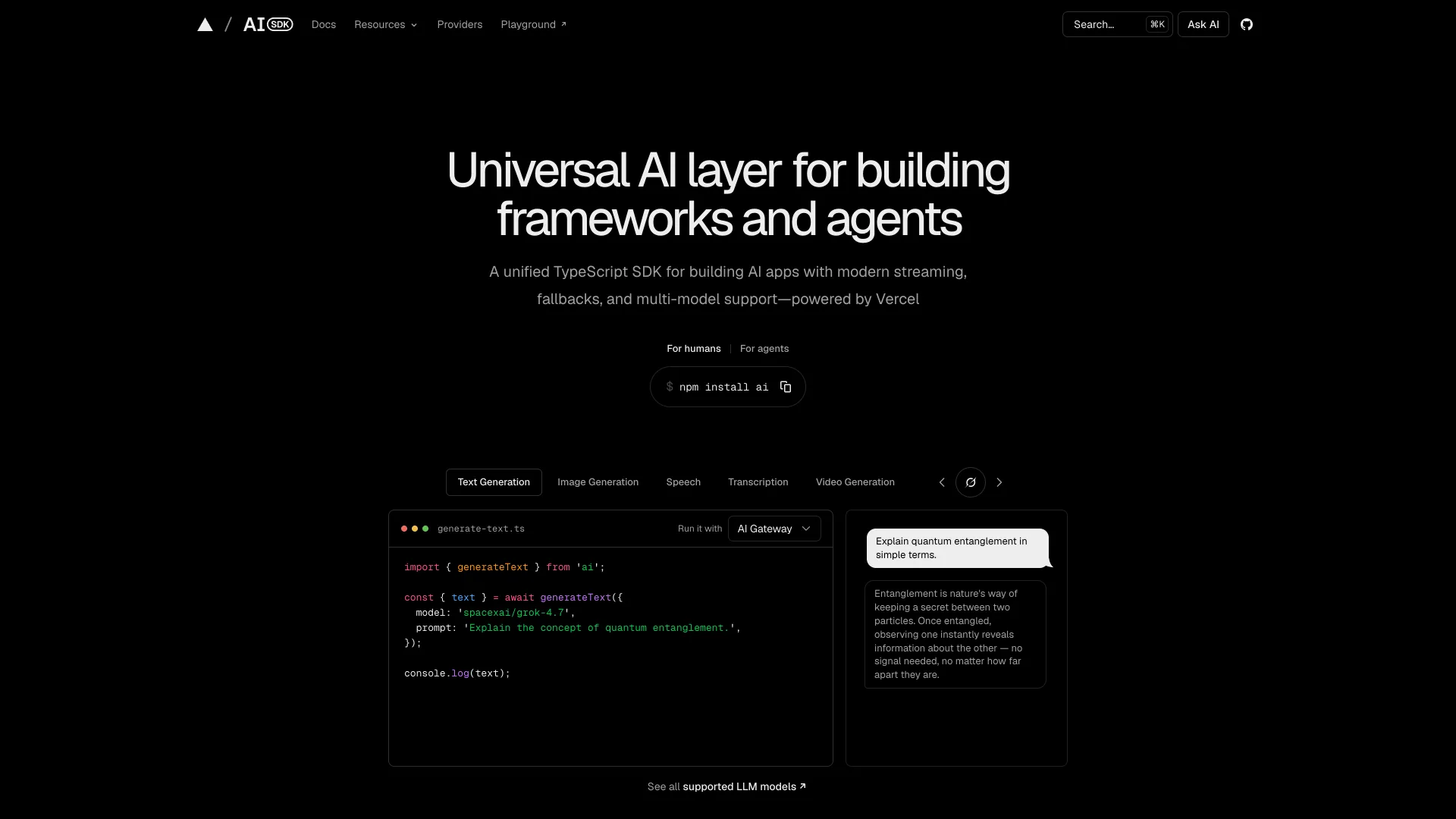 AI SDK homepage headline "Universal AI layer for building frameworks and agents" with npm install ai