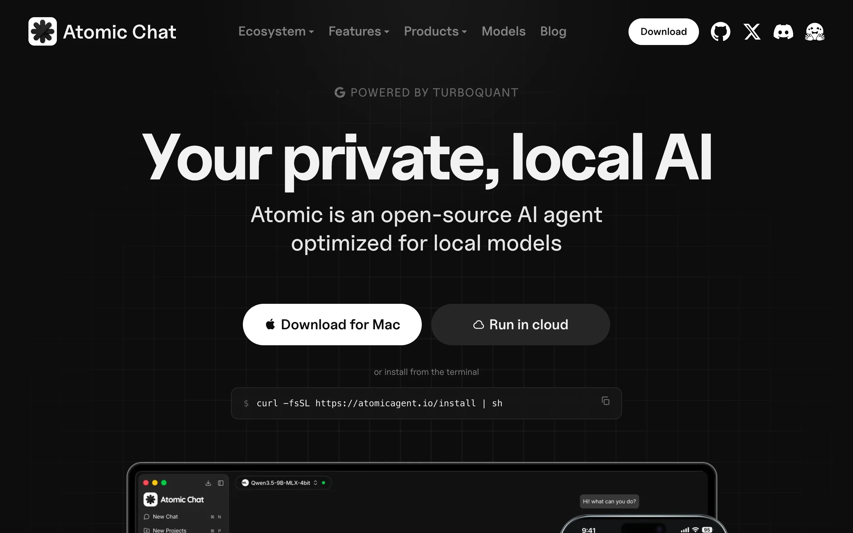The Atomic Chat homepage on a dark background, headed "Your private, local AI" with the subtitle "Atomic is an open-source AI agent optimized for local models", a "Download for Mac" button, a "Run in cloud" button, and a terminal install line reading curl -fsSL https://atomicagent.io/install | sh.