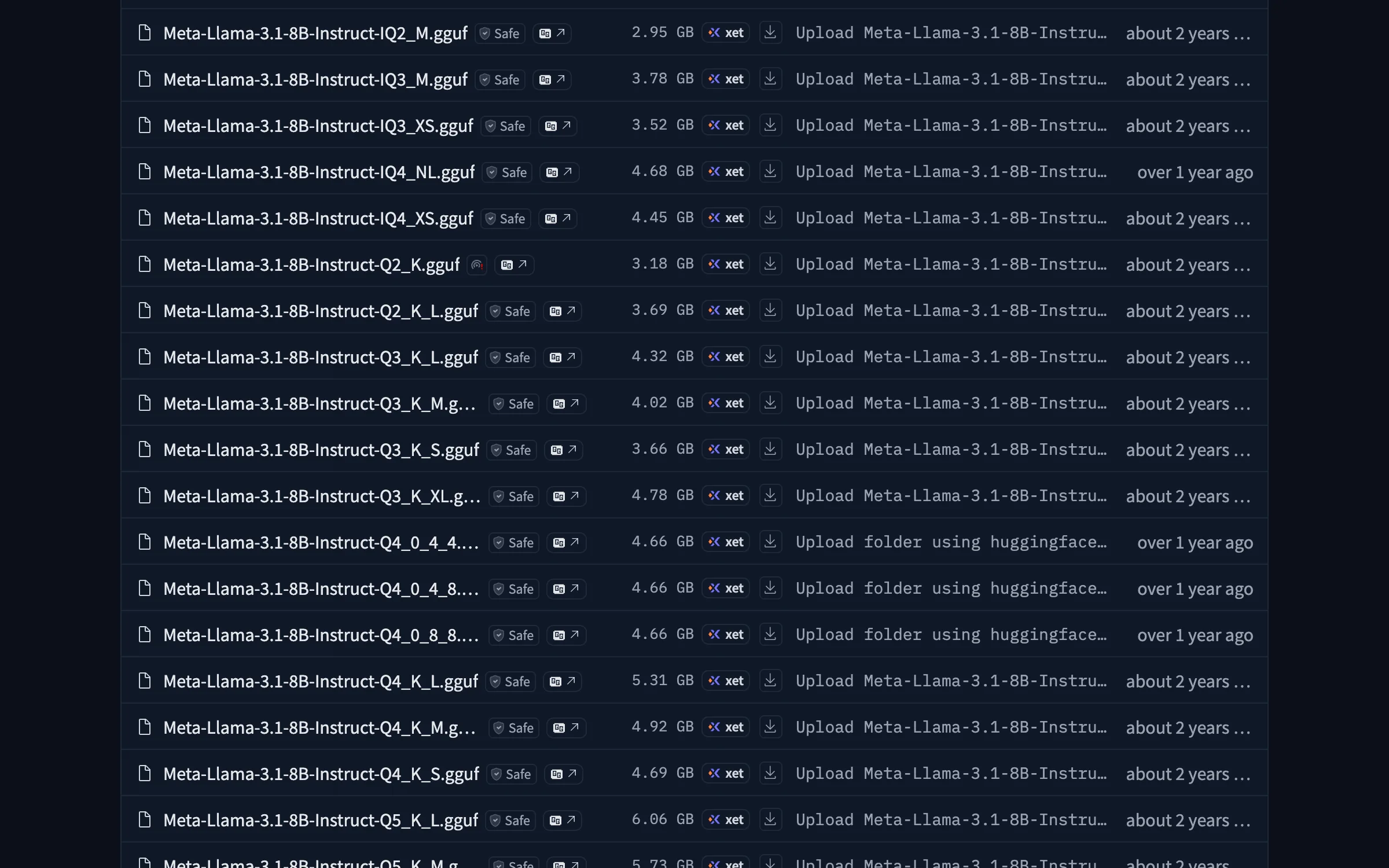 The Hugging Face file listing for bartowski/Meta-Llama-3.1-8B-Instruct-GGUF, showing Q4_K_M at 4.92 GB, Q4_K_S at 4.69 GB, Q4_K_L at 5.31 GB and Q5_K_M at 5.73 GB
