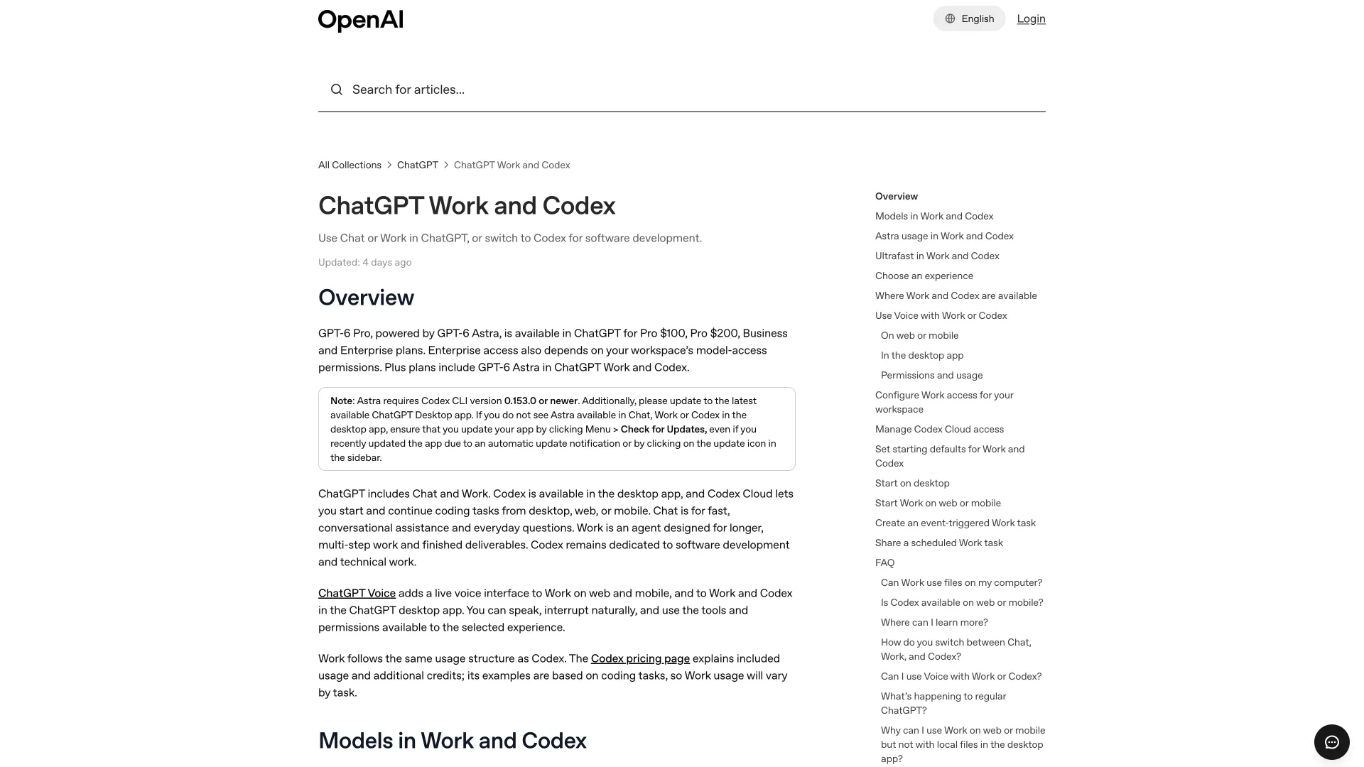 OpenAI Help Center article "ChatGPT Work and Codex" stating Plus plans include GPT-6 Astra in Work