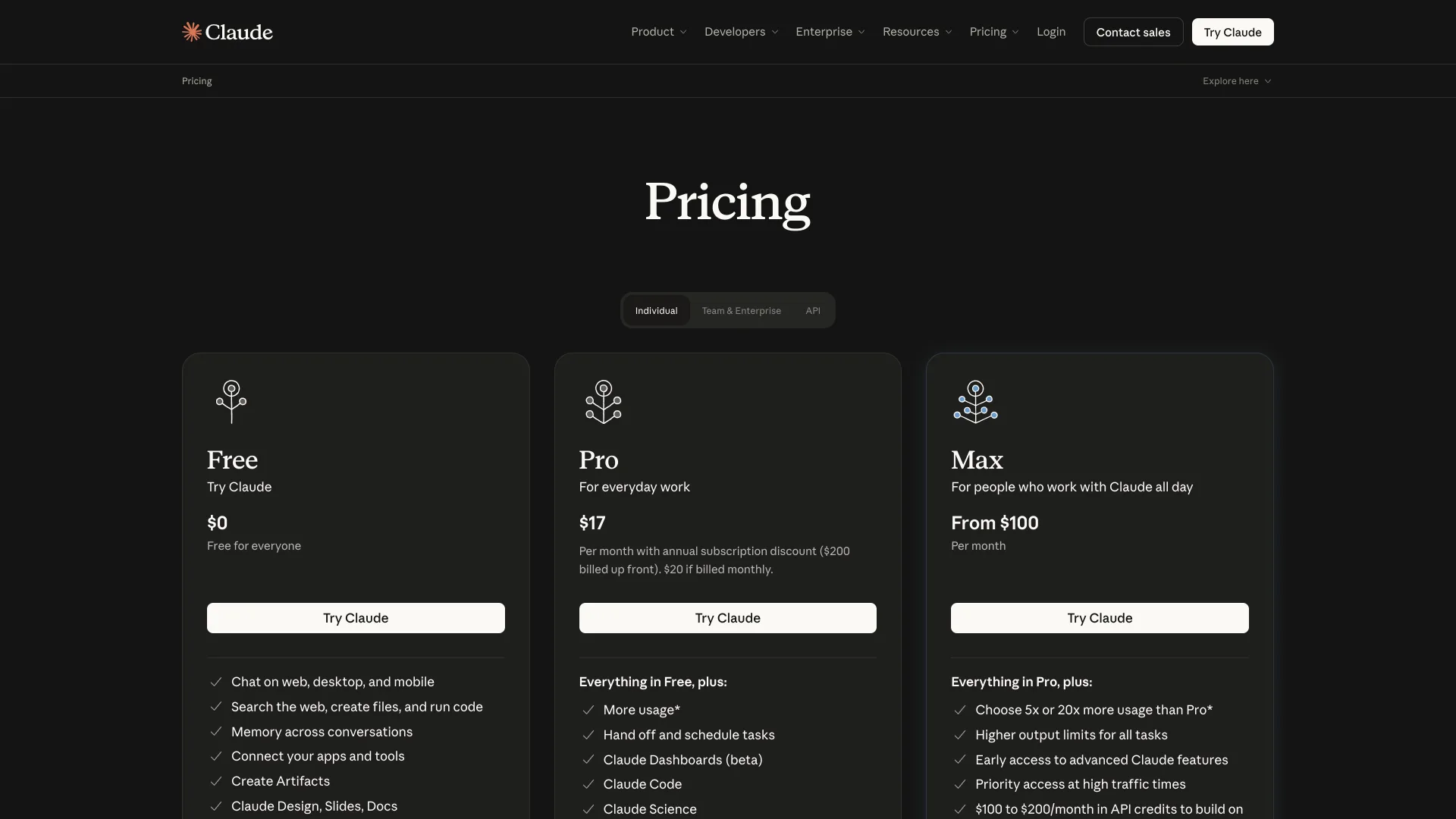 Claude pricing page listing Pro at $20 billed monthly with "Hand off and schedule tasks," and Max from $100