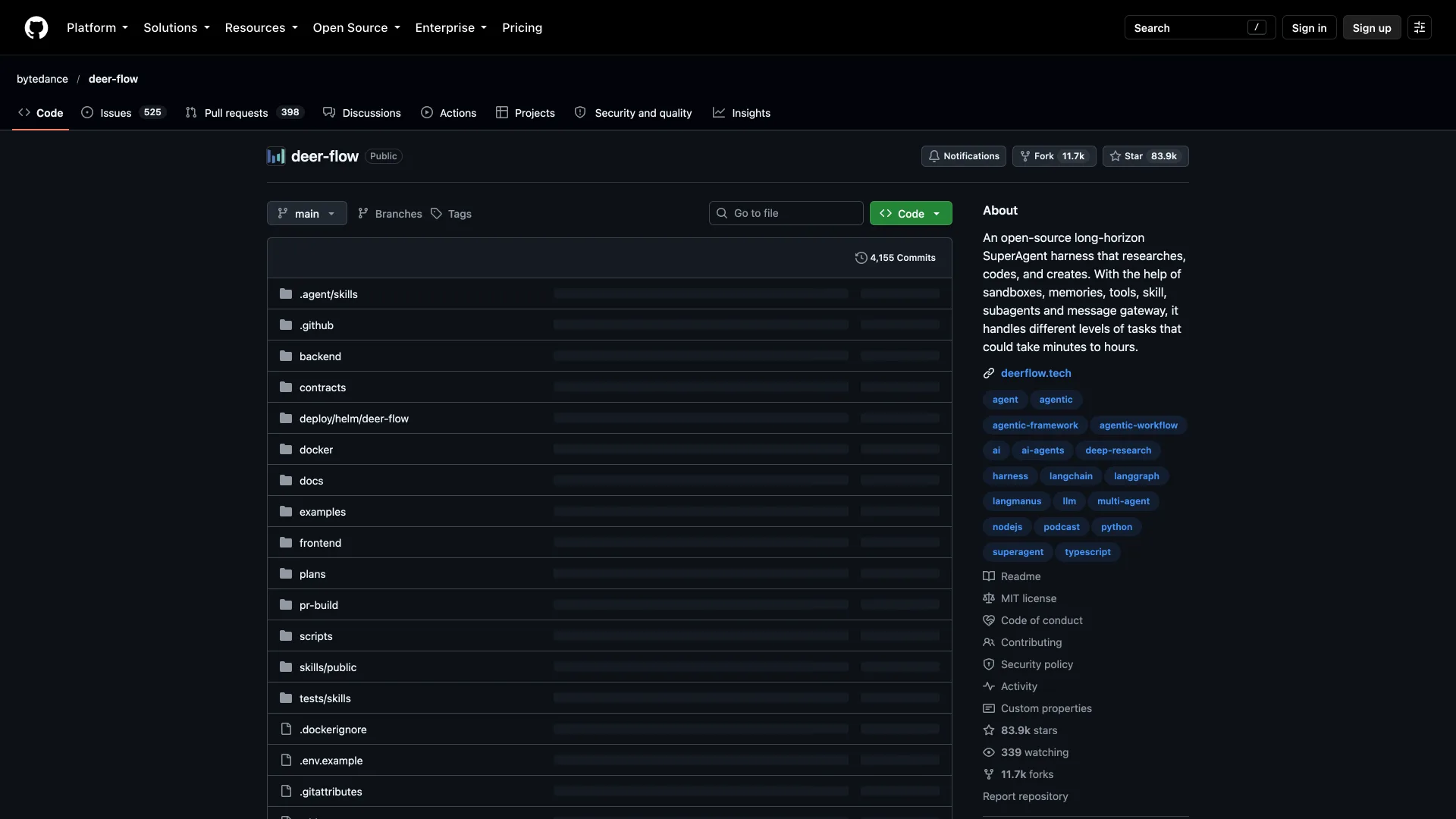 DeerFlow GitHub repository with 83.9k stars, 11.7k forks and the MIT license
