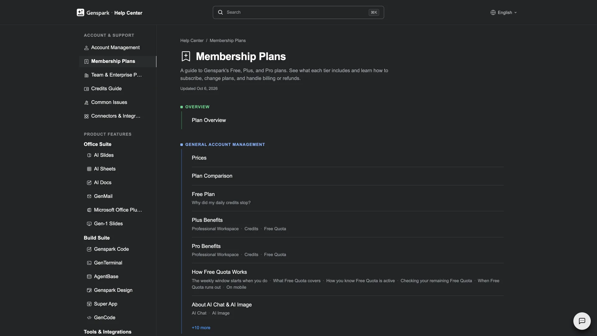 Genspark Help Center "Membership Plans" page with Prices and Plan Comparison sections