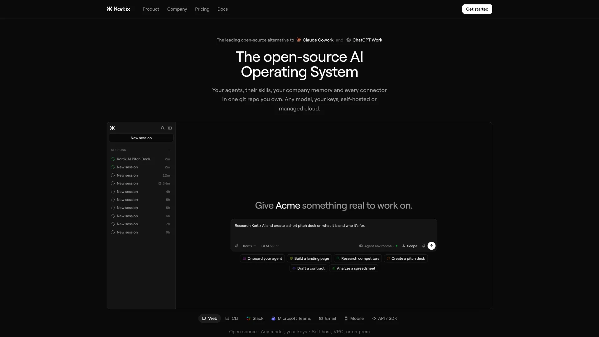 Kortix homepage headline "The open-source AI Operating System" above a session list and prompt box