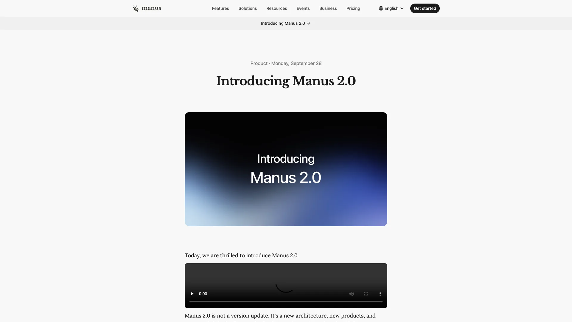 Manus blog post "Introducing Manus 2.0" dated Monday, September 28, above a video still