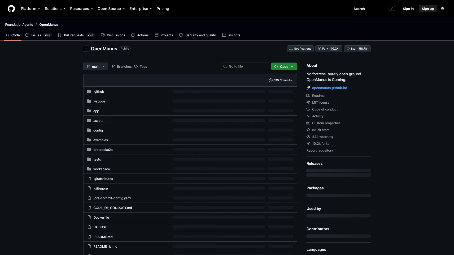 OpenManus GitHub repository reading "No fortress, purely open ground," with 58.7k stars and the MIT license