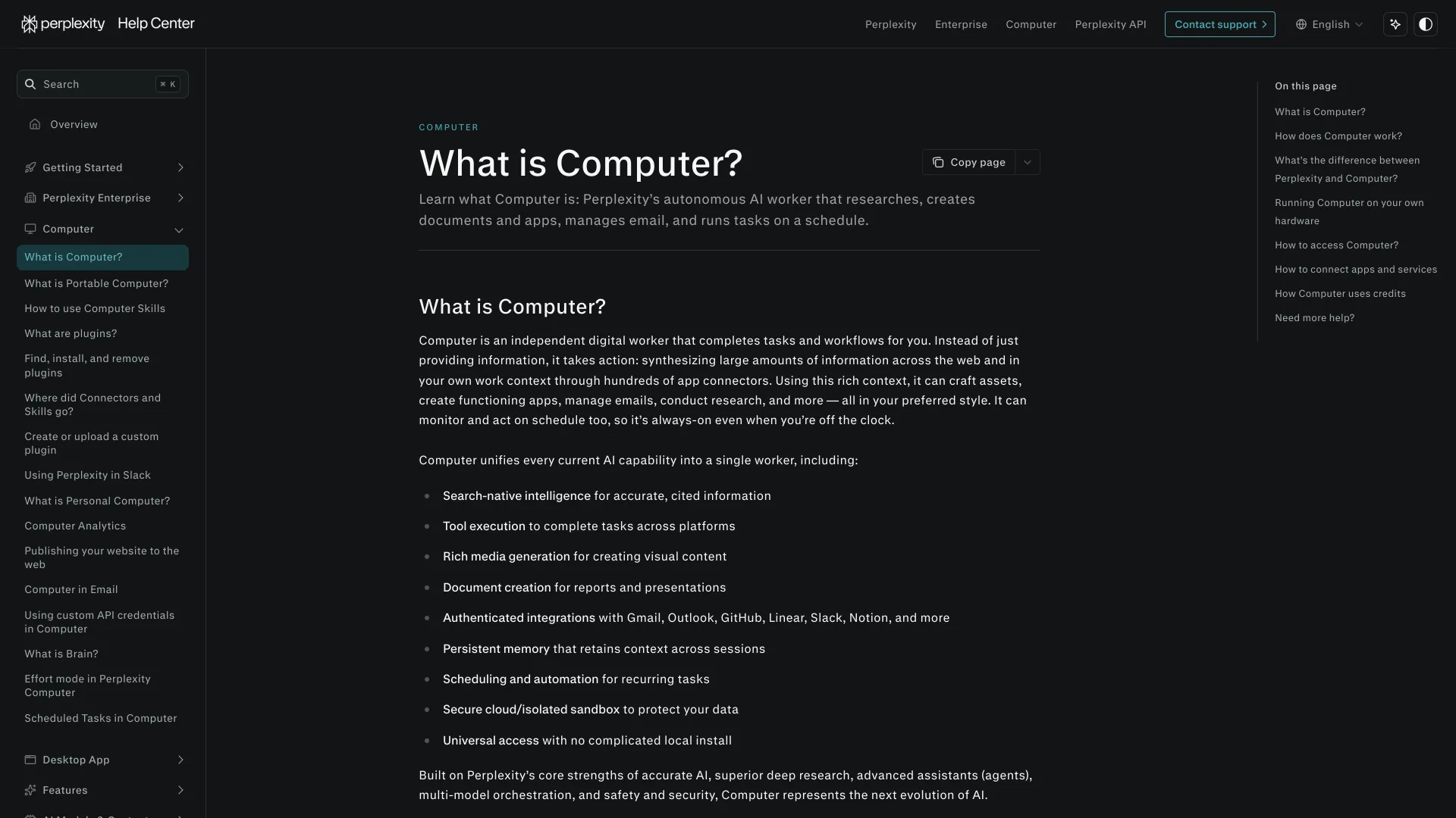 Perplexity Help Center article "What is Computer?" with its definition and capability list