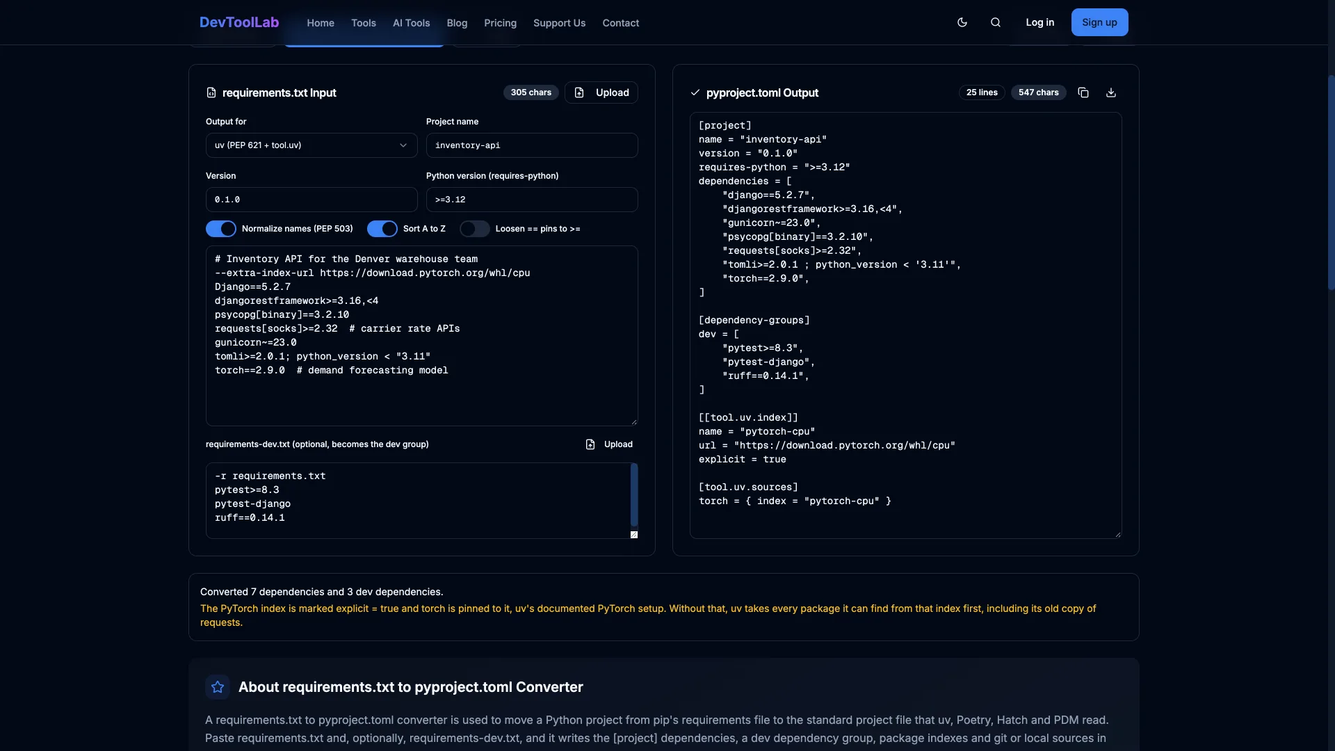The DevToolLab requirements.txt to pyproject.toml converter with a Django requirements file on the left and the generated uv pyproject.toml on the right, including an explicit pytorch-cpu index and a torch source pin