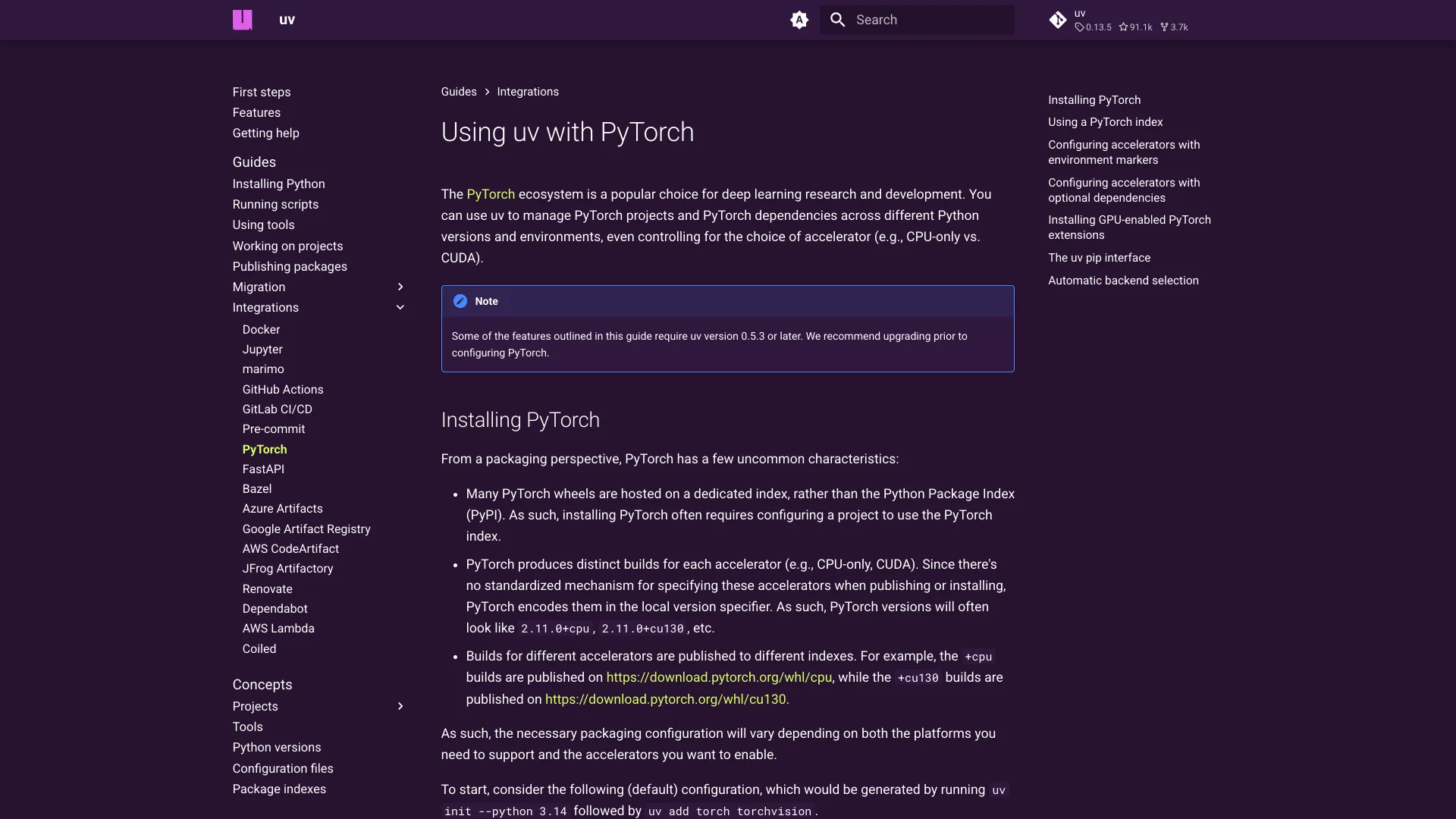 The Using uv with PyTorch page in the uv documentation, explaining that many PyTorch wheels are hosted on a dedicated index and that +cpu builds are published on download.pytorch.org/whl/cpu