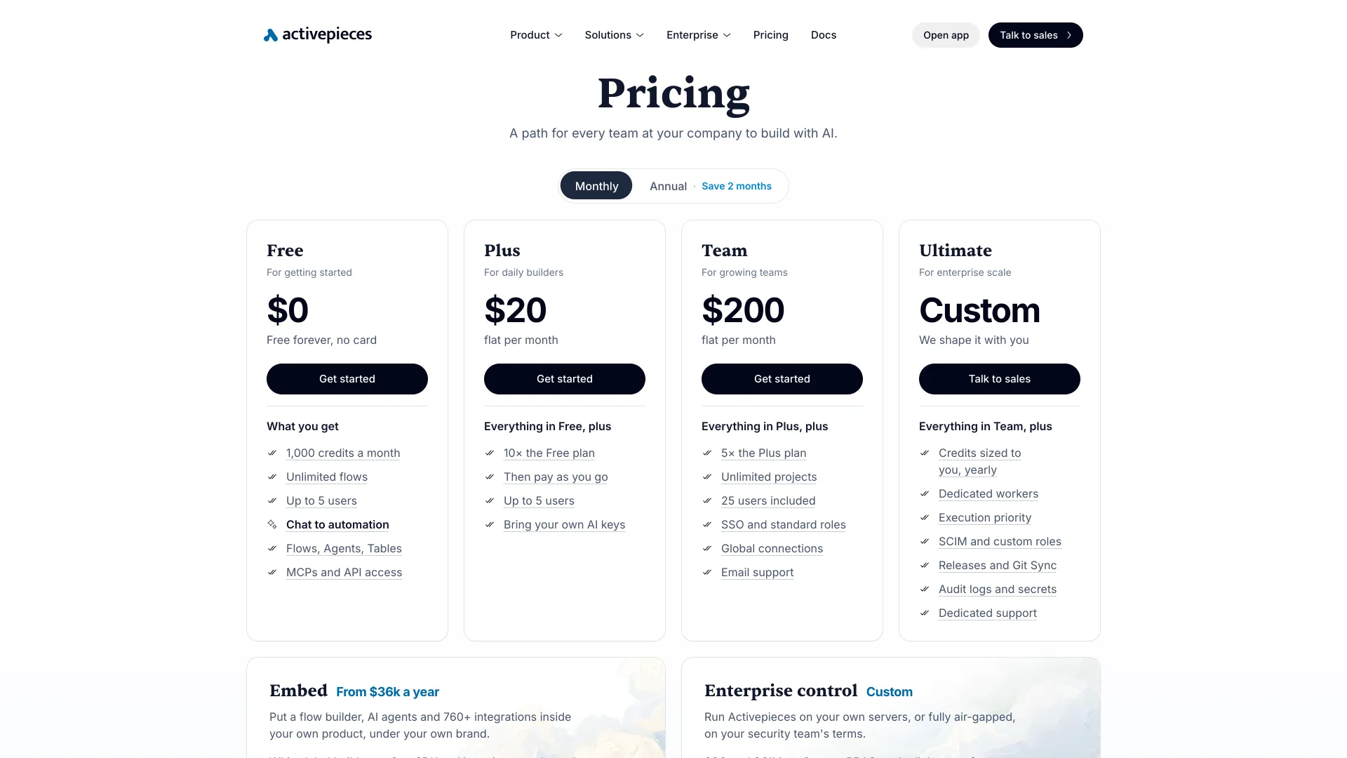 Activepieces pricing page with Free at $0, Plus at $20 and Team at $200 flat per month