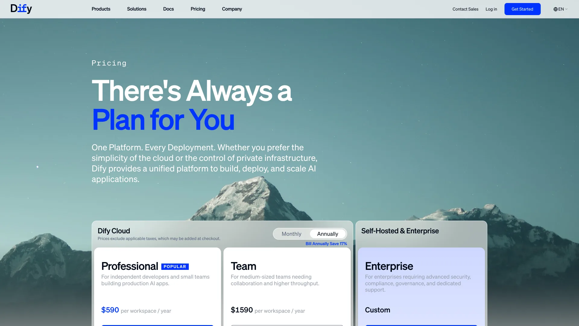 Dify pricing page with Dify Cloud Professional at $590 and Team at $1,590 per workspace per year
