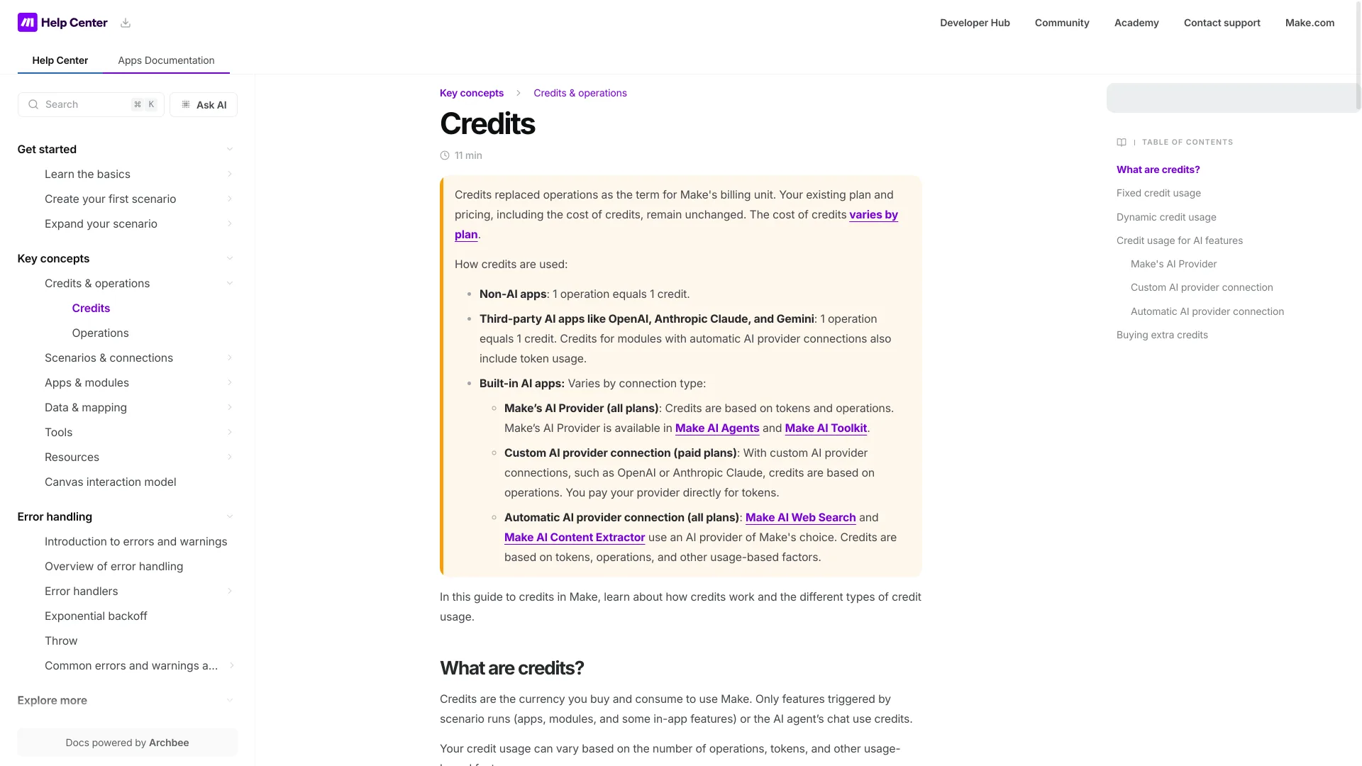 Make Help Center "Credits" article stating that OpenAI, Anthropic Claude and Gemini modules use 1 credit per operation