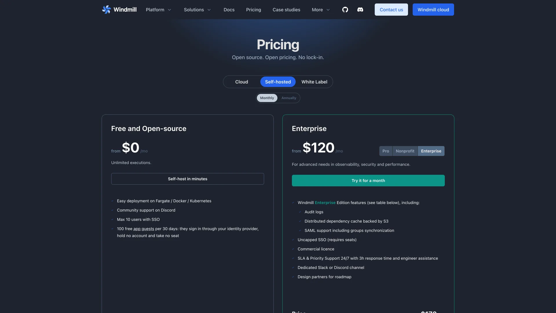 Windmill pricing page showing self-hosted Free and Open-source at $0 and Enterprise from $120 a month